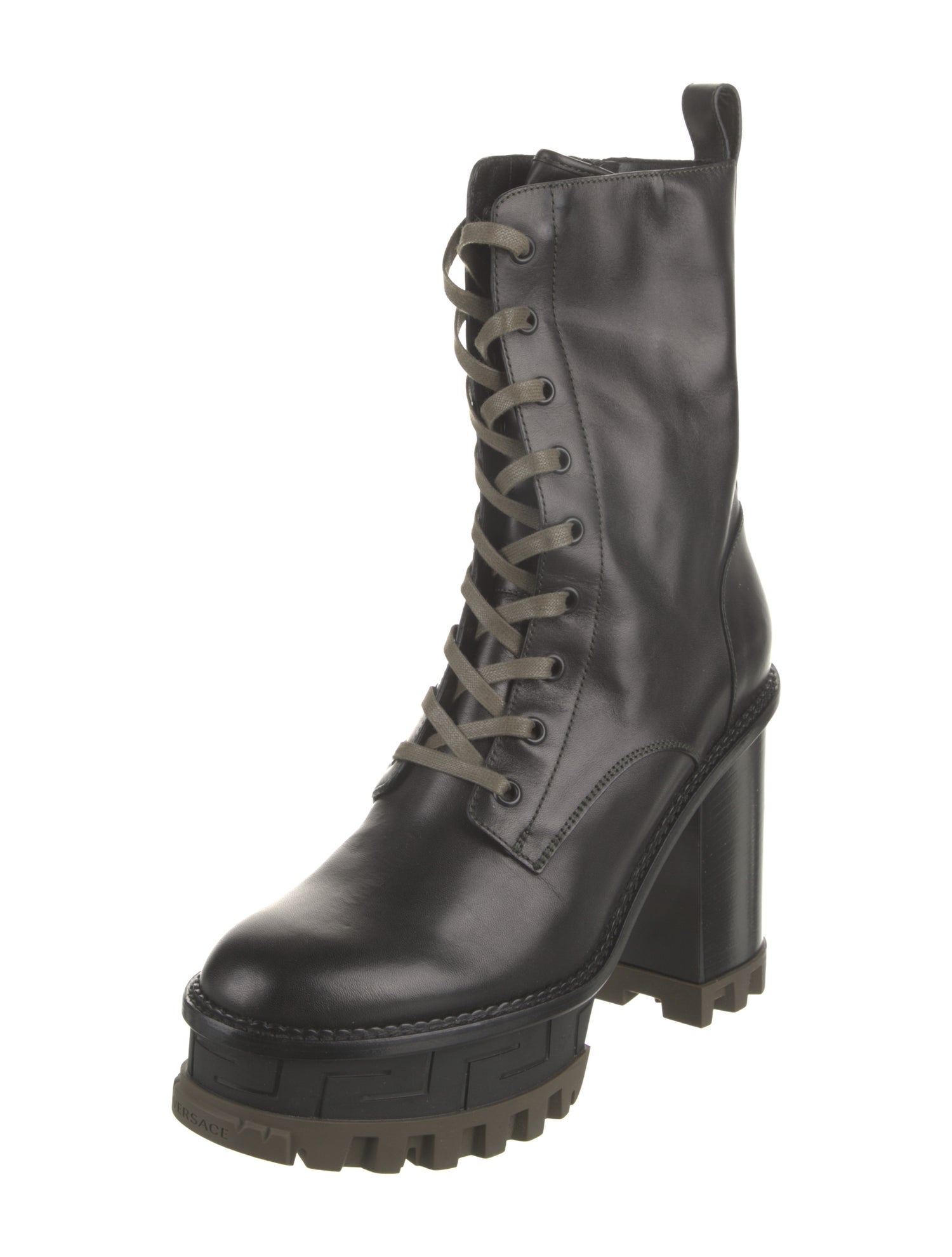 Versace Grecca Pattern Leather Combat Boots