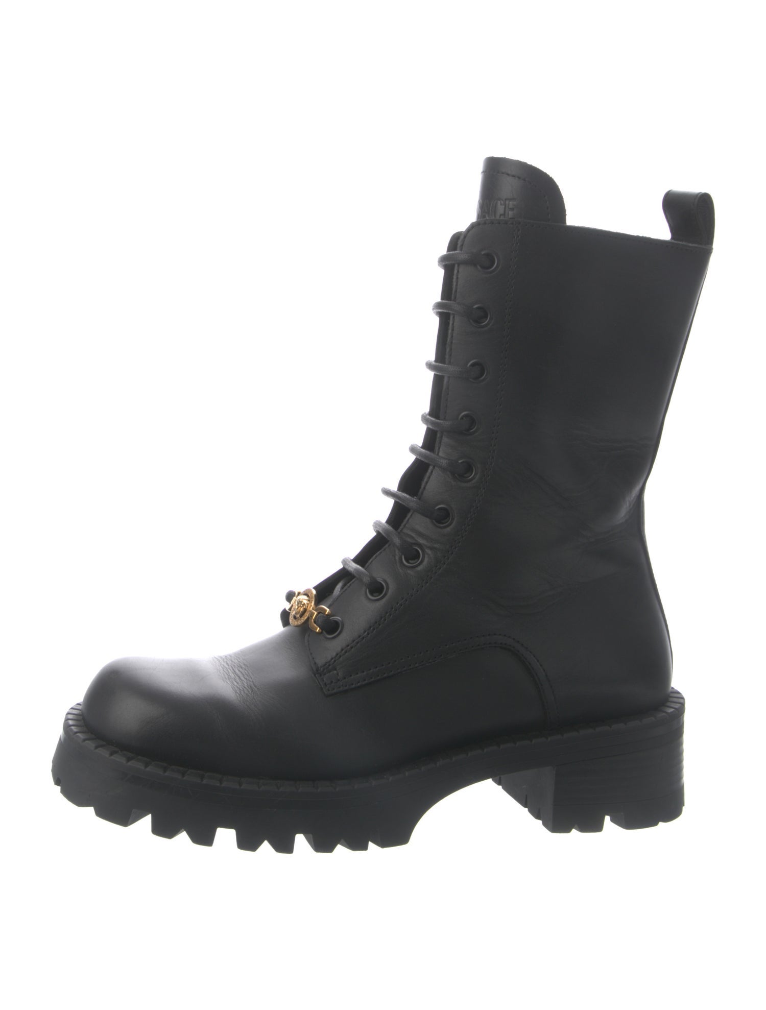 Versace Grecca Pattern Leather Combat Boots
