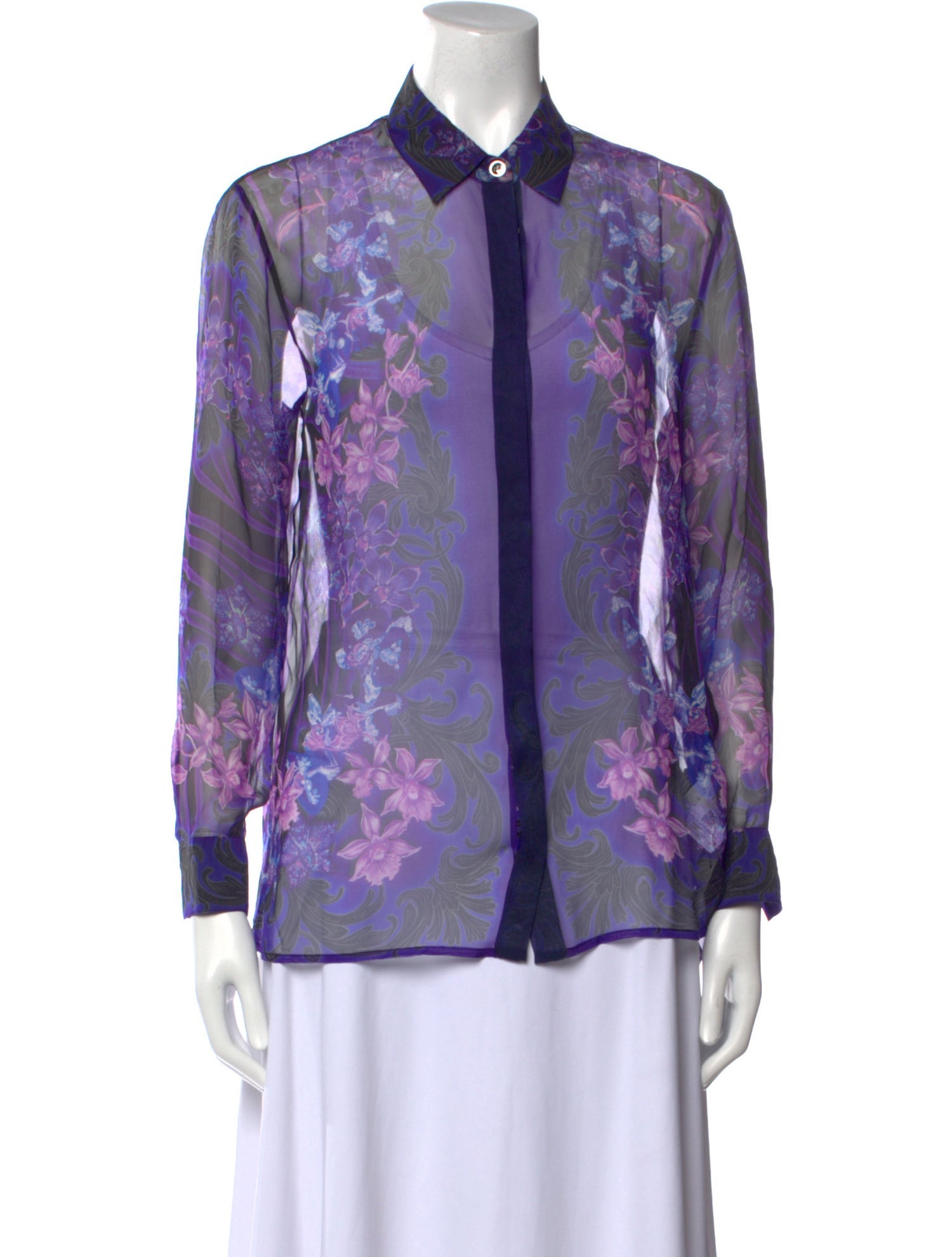 Versace Silk Floral Print Button-Up Top
