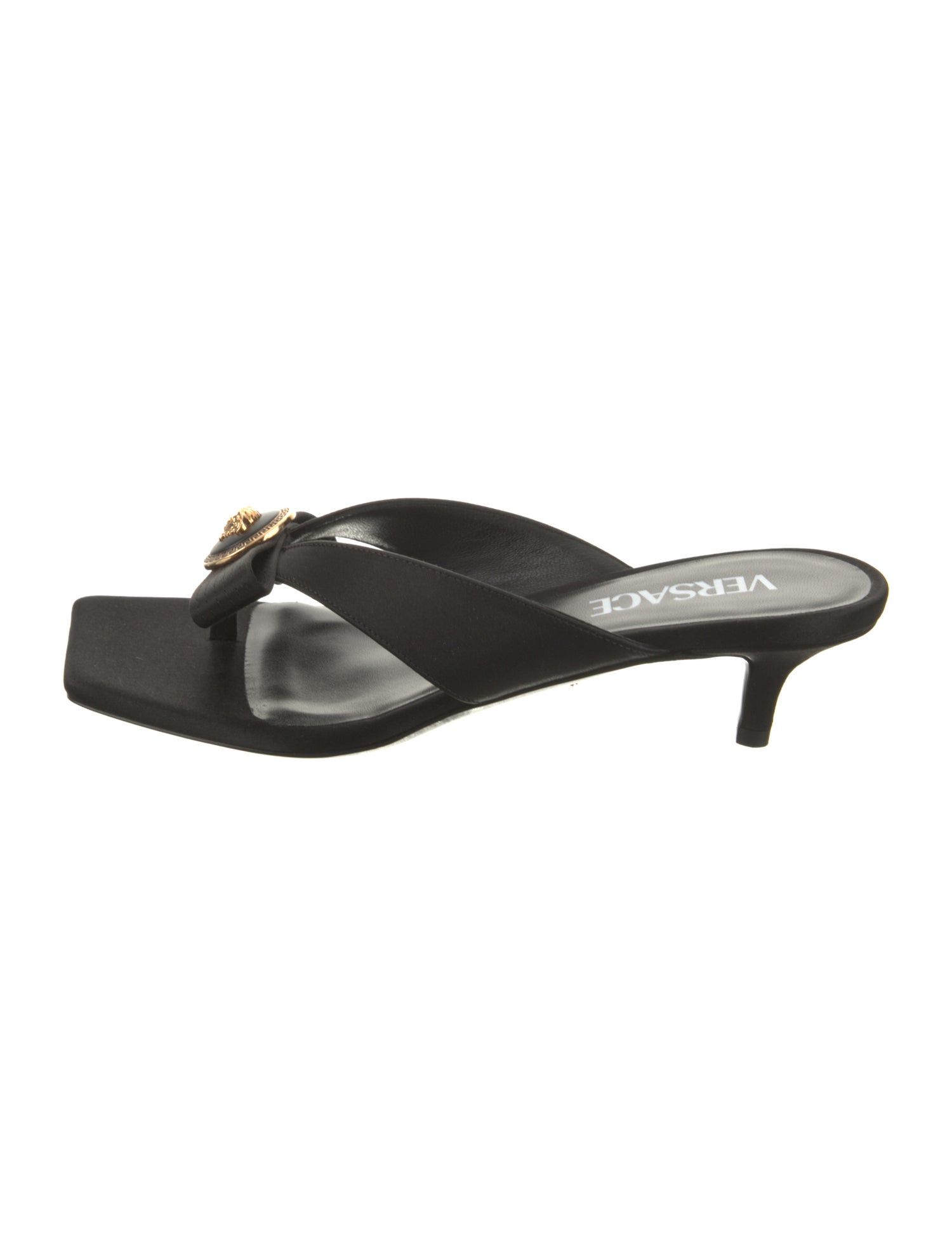 Versace Satin Leather Trim Embellishment Slides