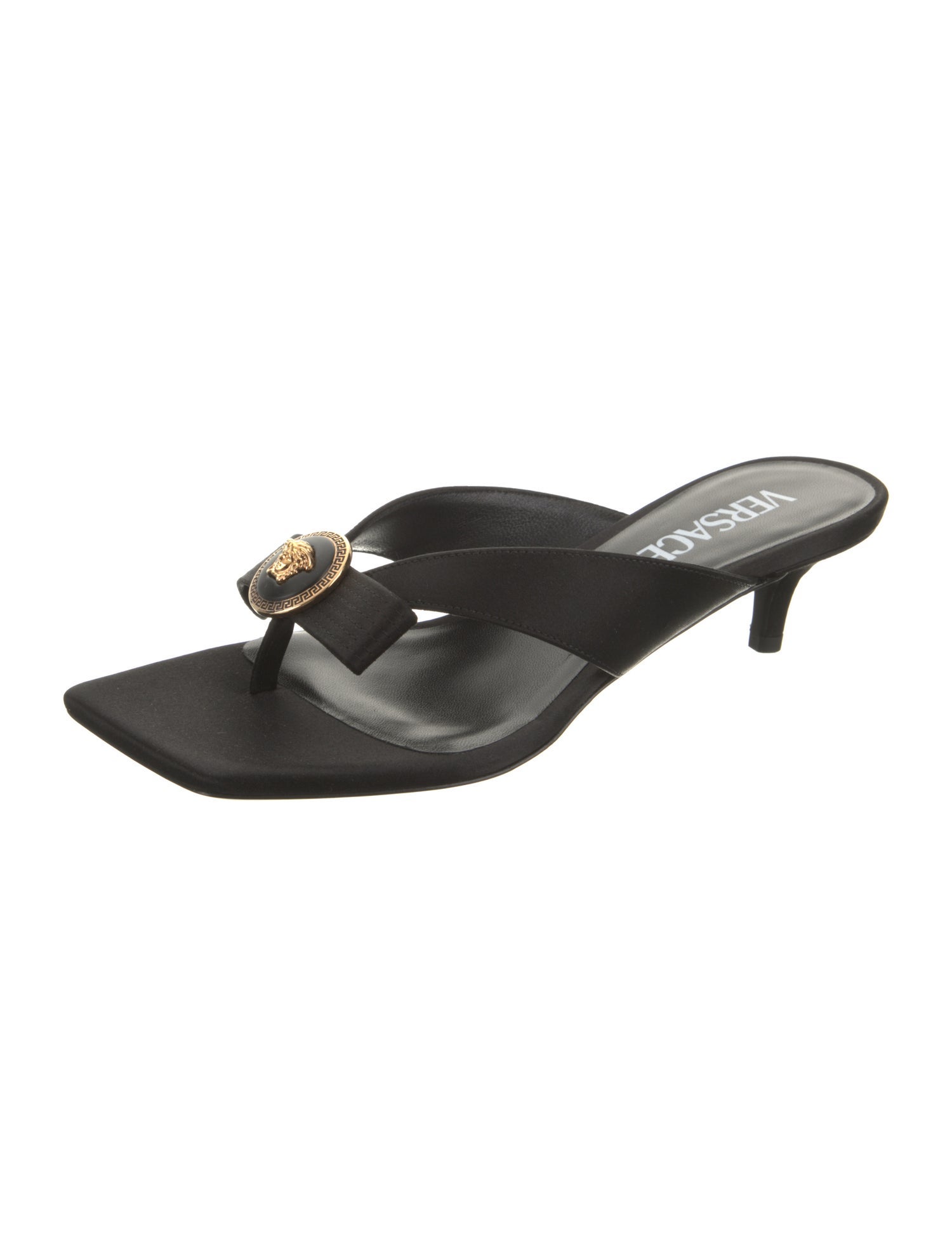 Versace Satin Leather Trim Embellishment Slides