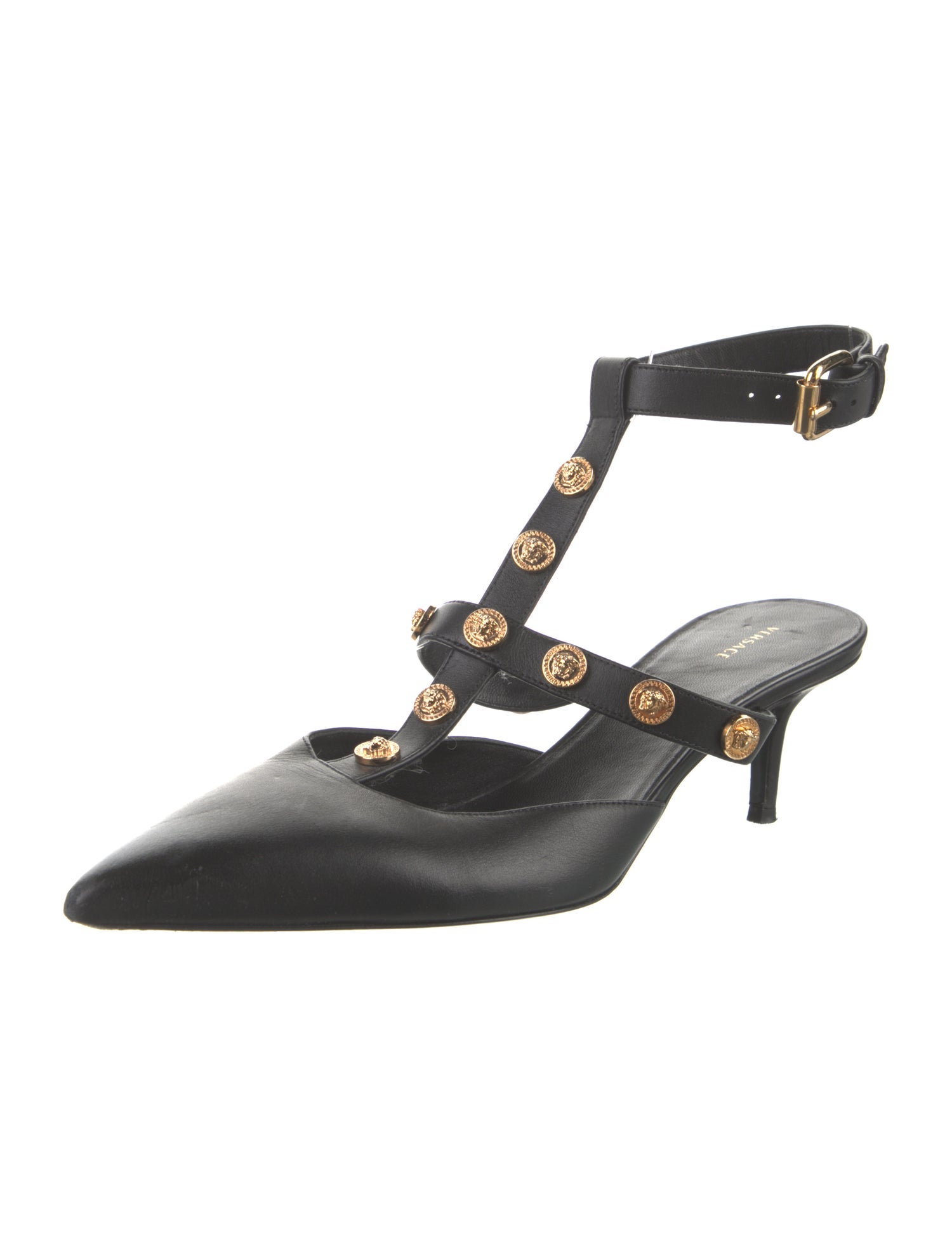 Versace Leather Studded Accents T-Strap Pumps