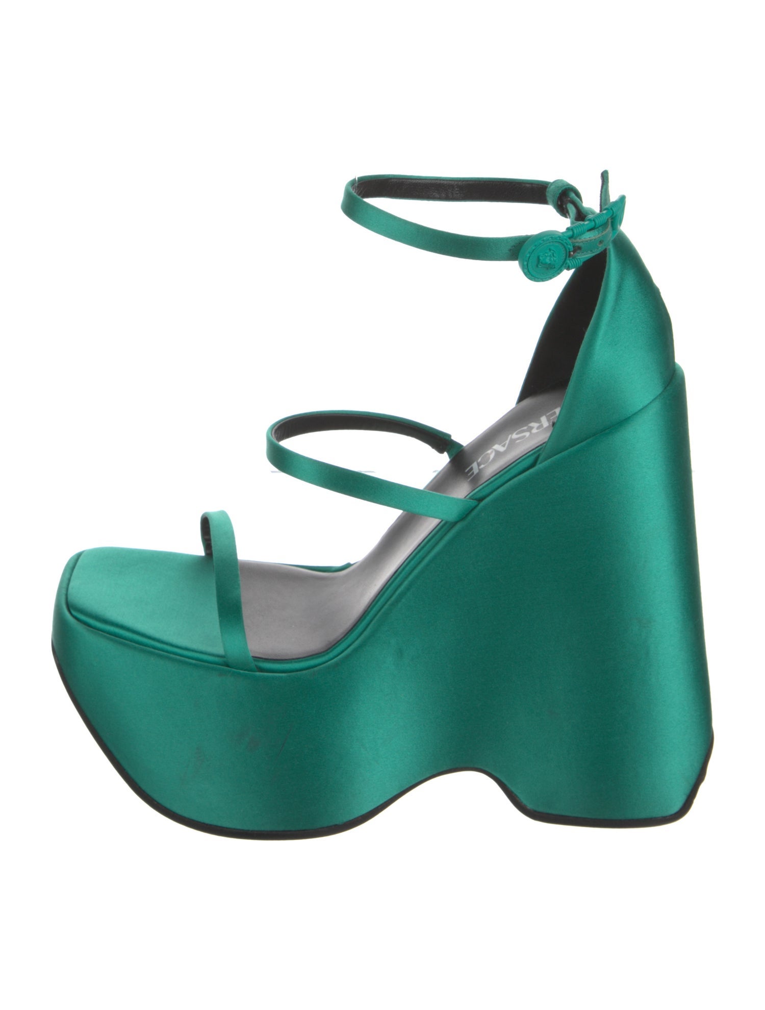 Versace Satin Leather Trim Embellishment T-Strap Sandals