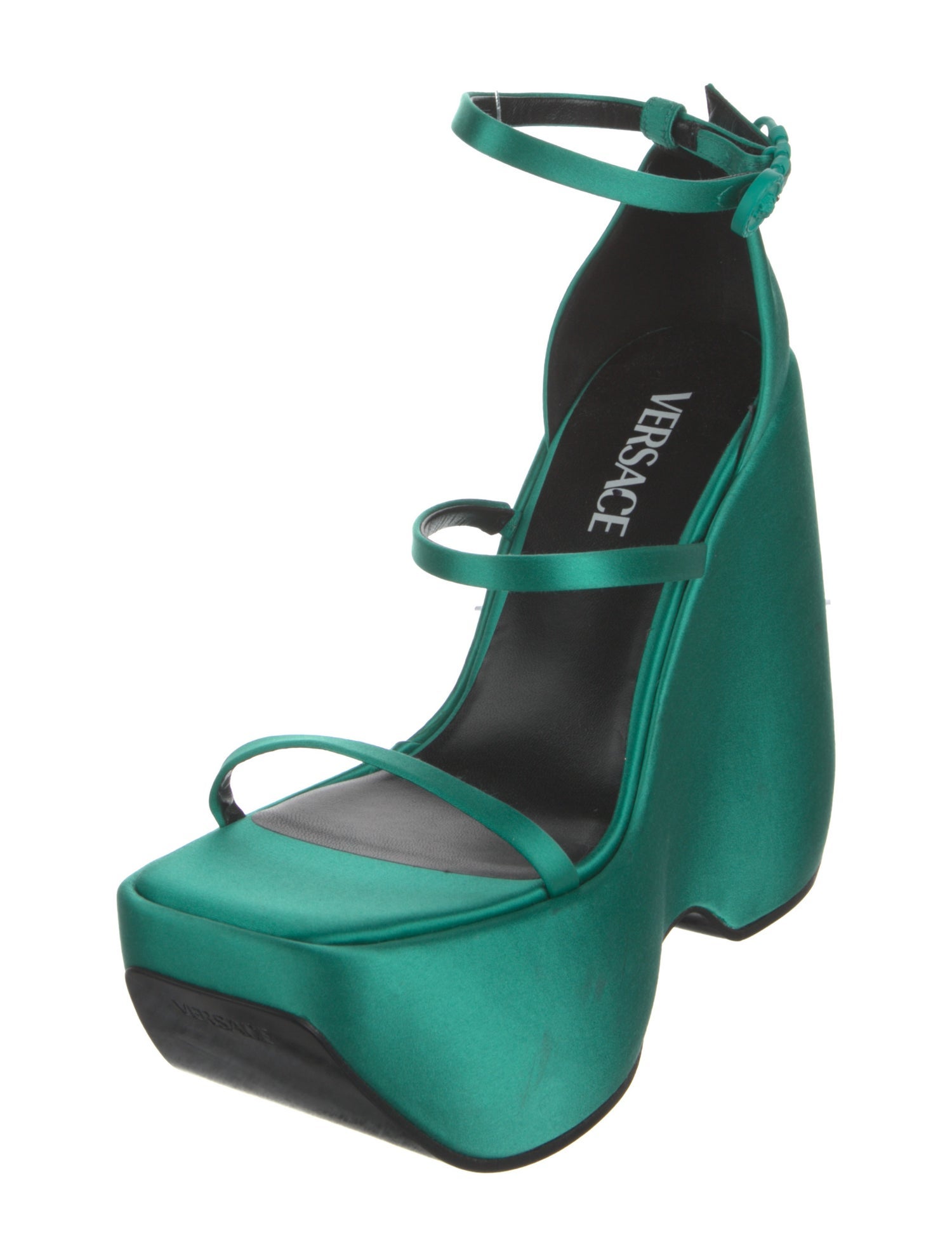 Versace Satin Leather Trim Embellishment T-Strap Sandals