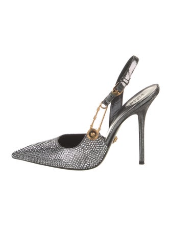 Versace Satin Crystal Embellishments Slingback Pumps