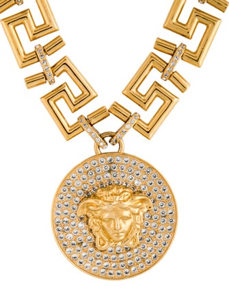 Versace Crystal Medusa Greek Key Pendant Necklace