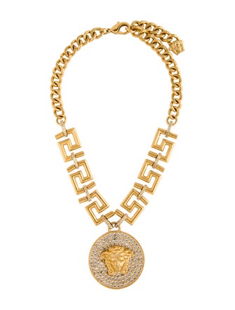 Versace Crystal Medusa Greek Key Pendant Necklace