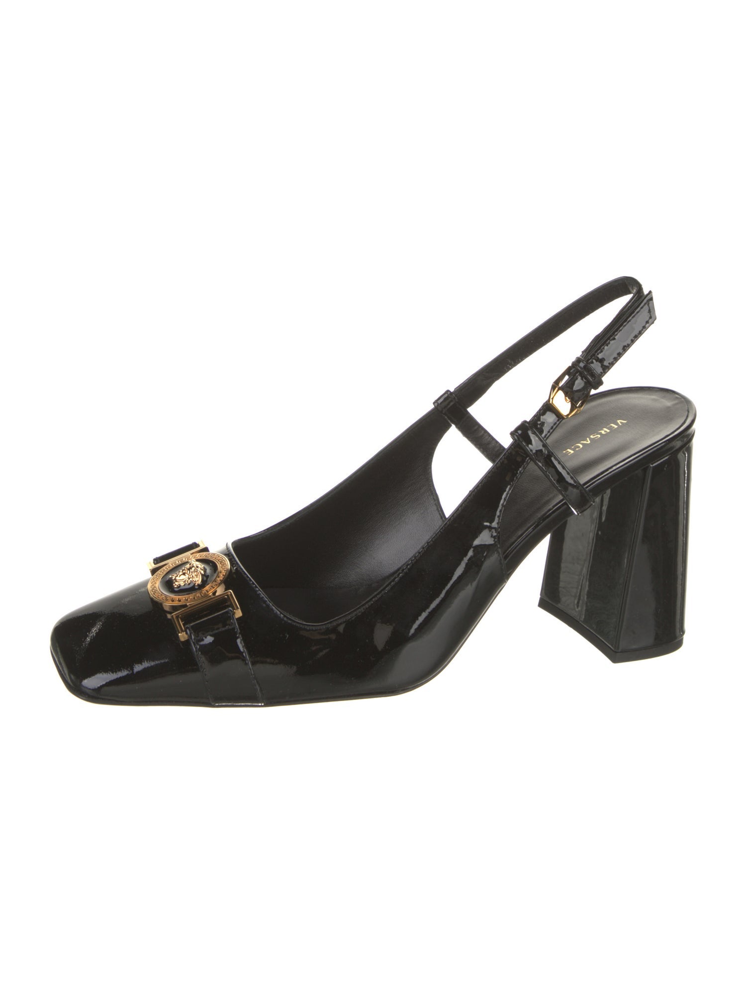 Versace Medusa Insignia Patent Leather Slingback Sandals