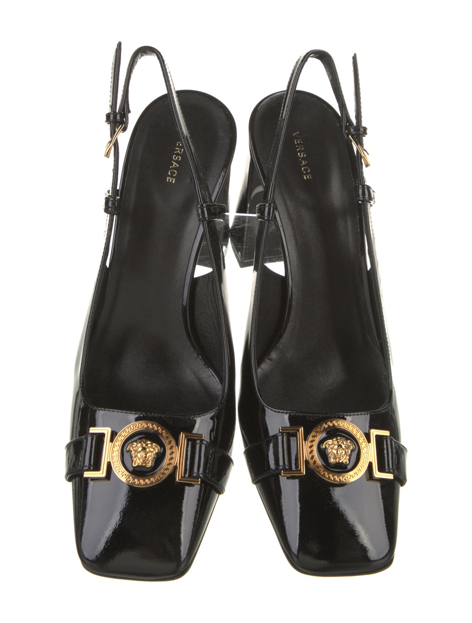 Versace Medusa Insignia Patent Leather Slingback Sandals