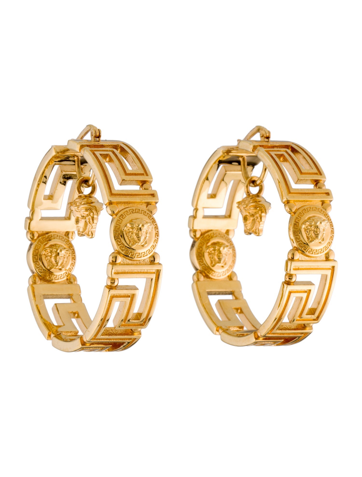 Versace Goldtone Greca & Medusa Head Hoop Earrings