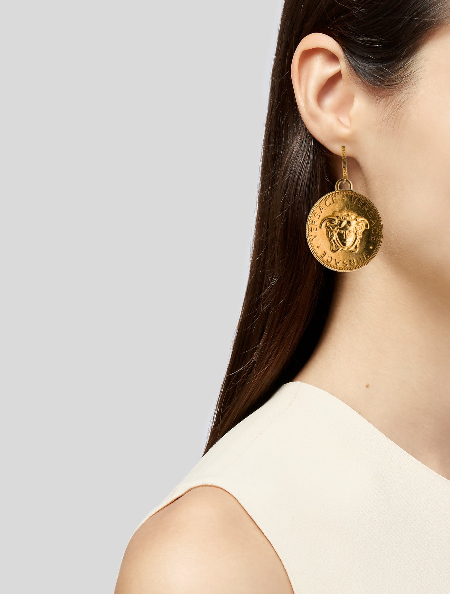 Versace Tribute Coin Drop Hoop Earrings