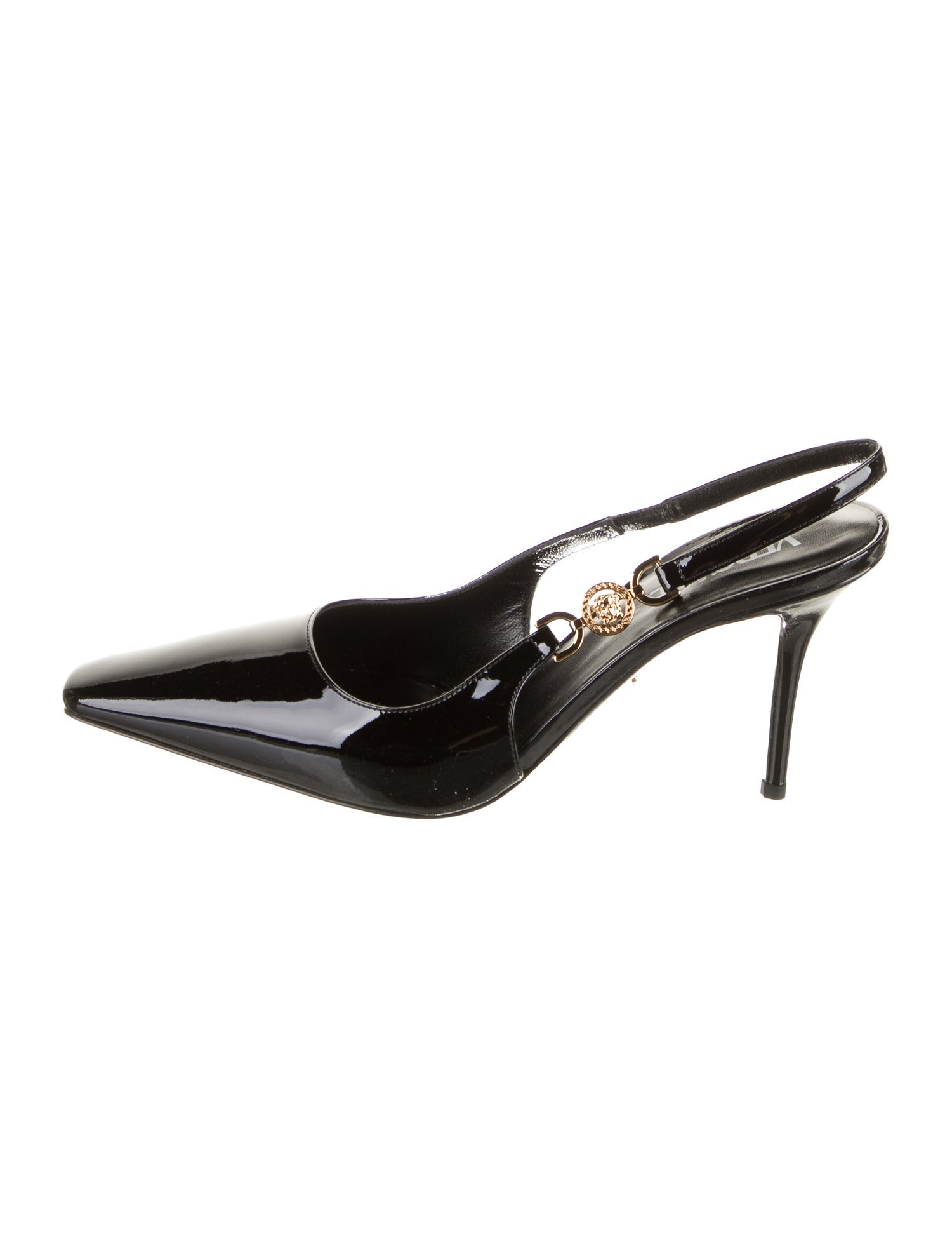 Versace Patent Leather Leather Trim Embellishment Slingback Pumps