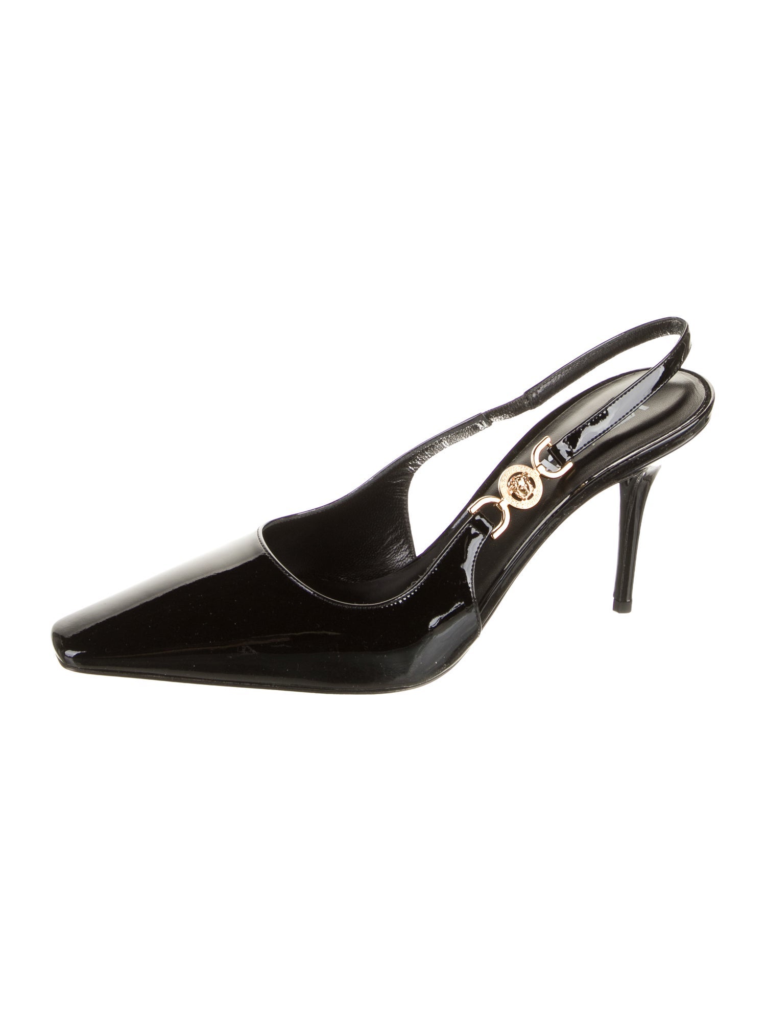 Versace Patent Leather Leather Trim Embellishment Slingback Pumps