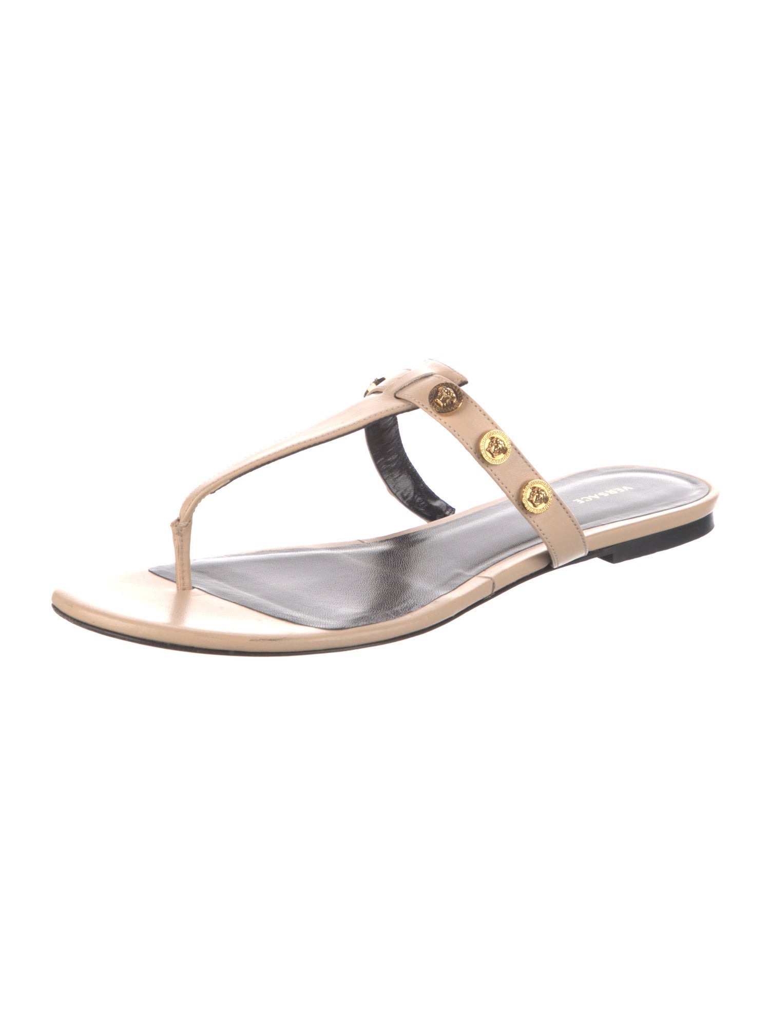 Versace Medusa Insignia Leather T-Strap Sandals w/ Tags