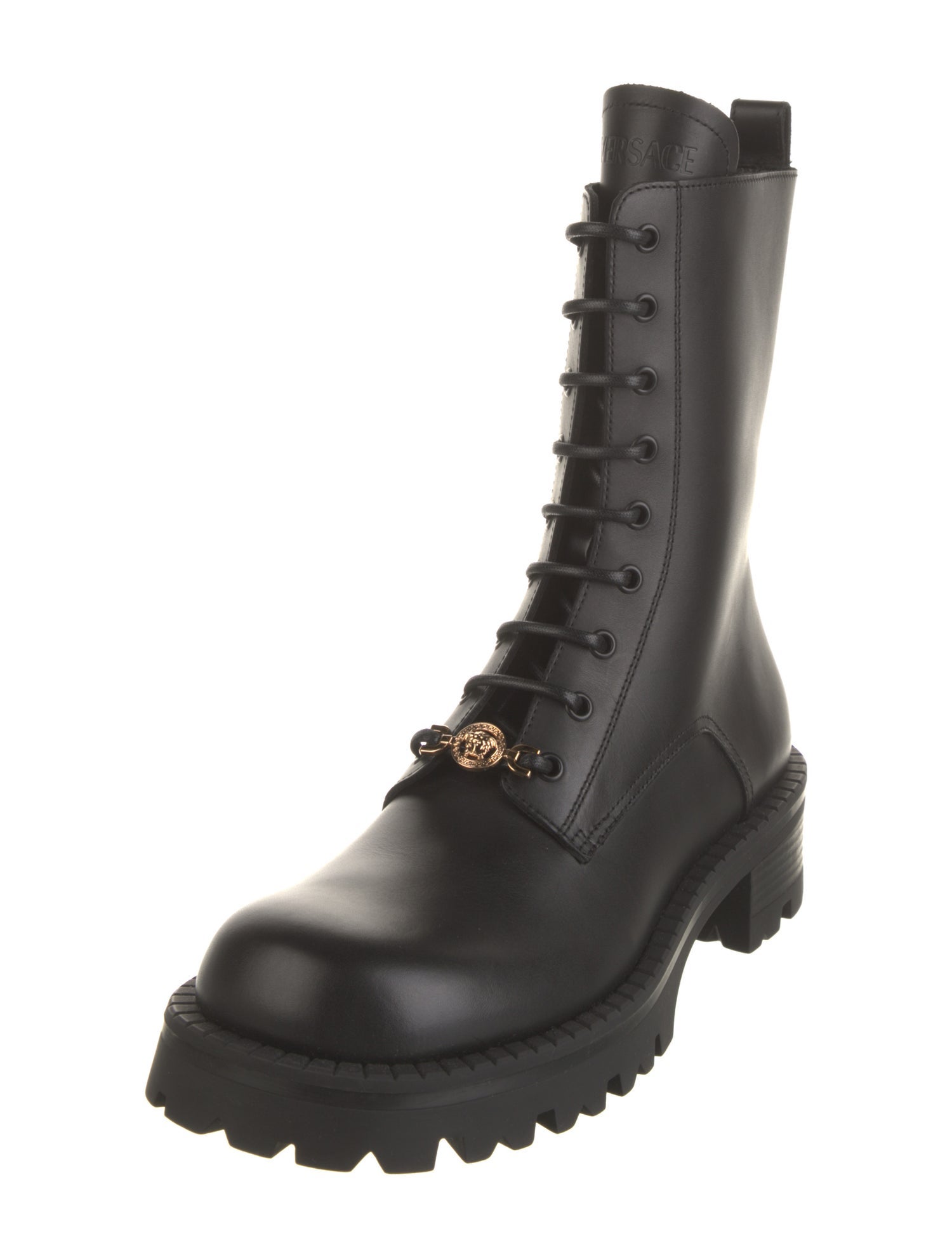 Versace Grecca Pattern Leather Combat Boots