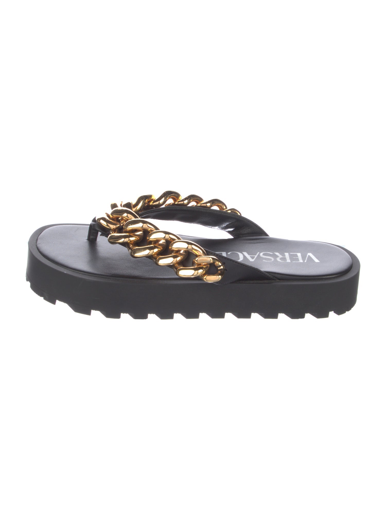 Versace Leather Chain-Link Accents Flip Flops