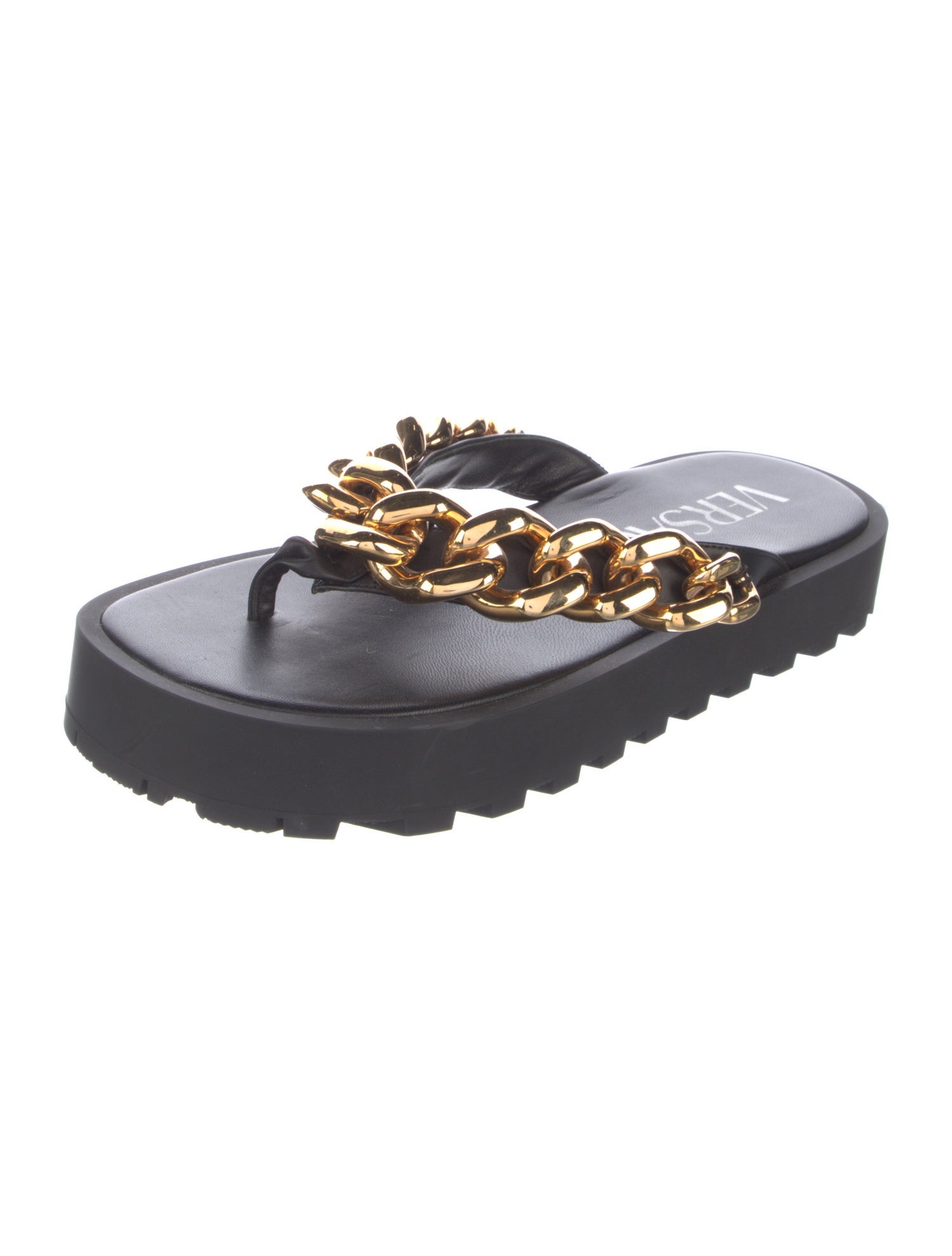 Versace Leather Chain-Link Accents Flip Flops