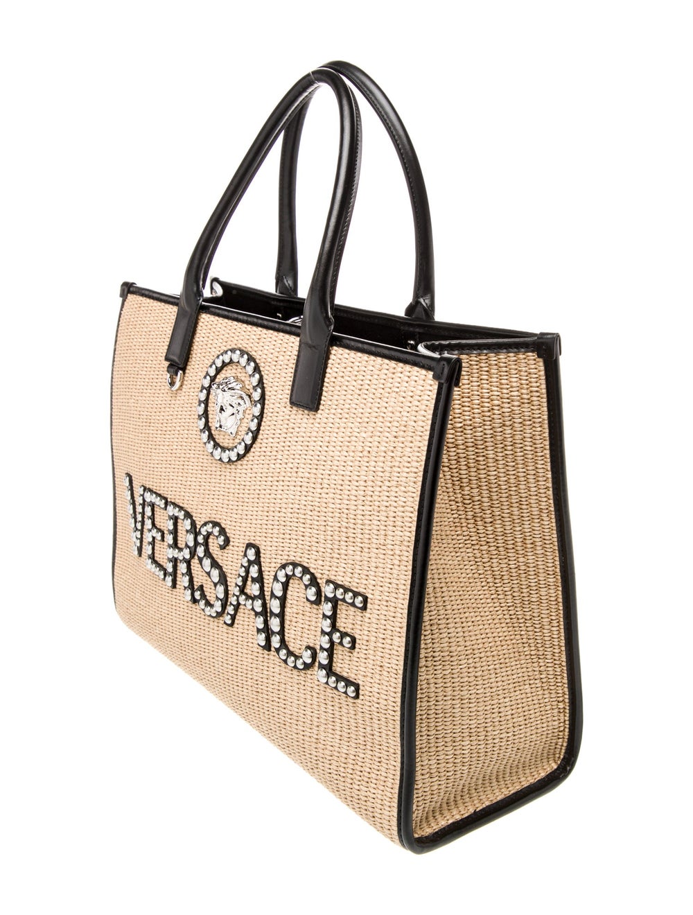 Versace Tote Neutrals Raffia Patterned Silver-Ton… - image 3