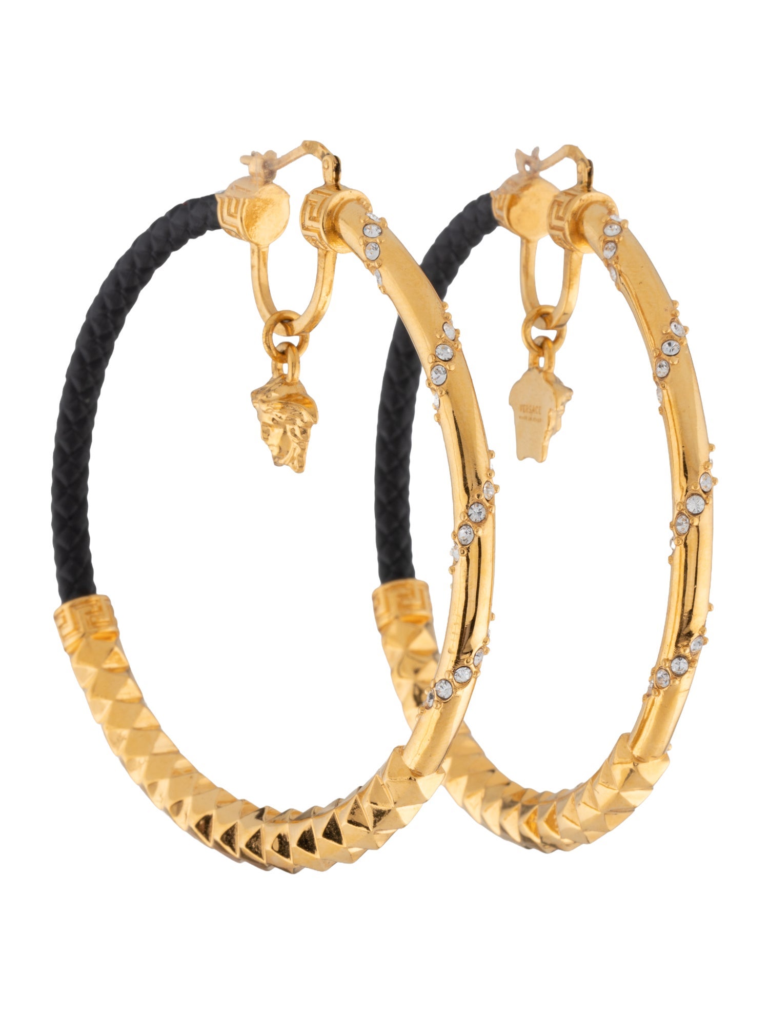 Versace Leather & Crystal Medusa Hoop Earrings