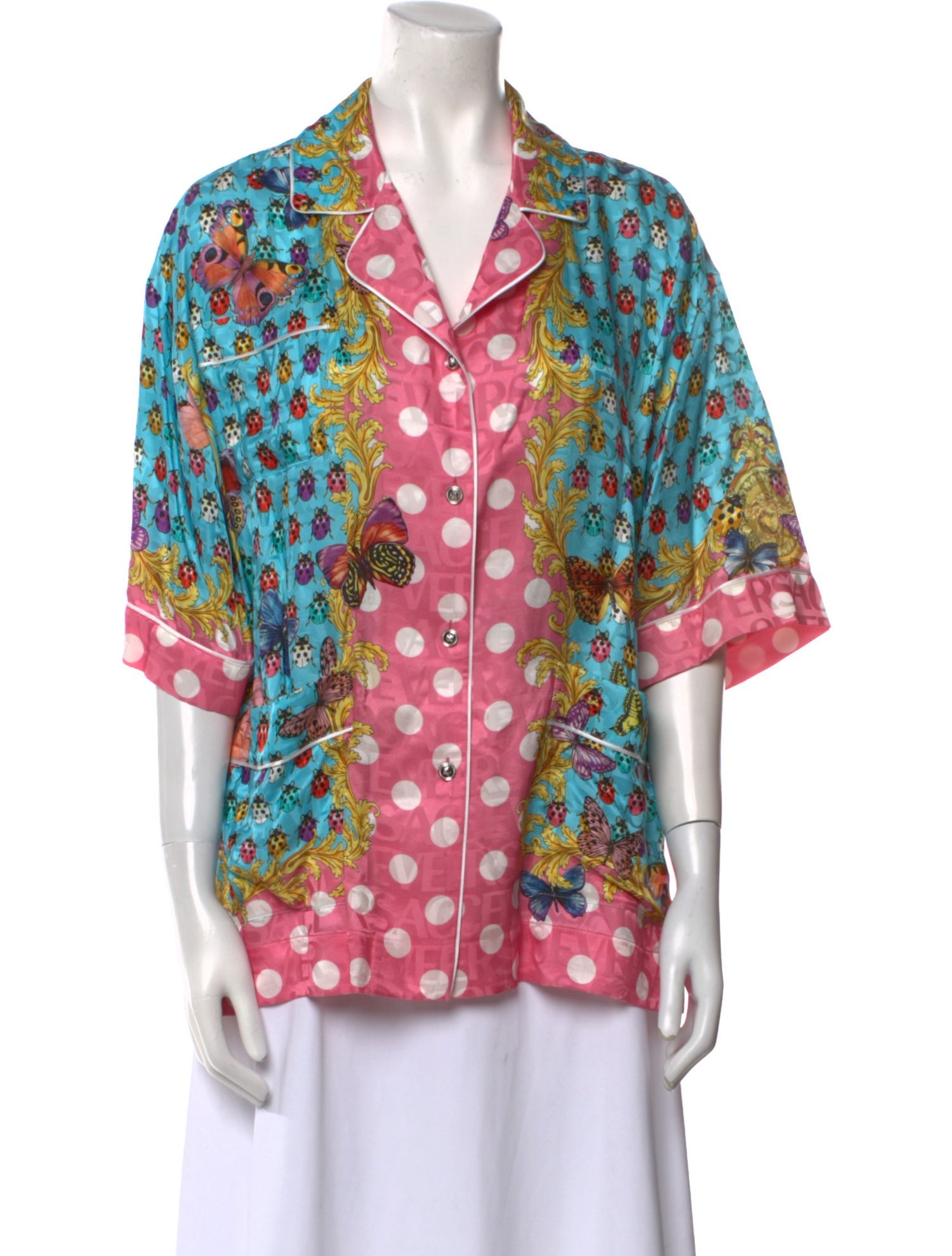 Versace Printed Short Sleeve Button-Up Top