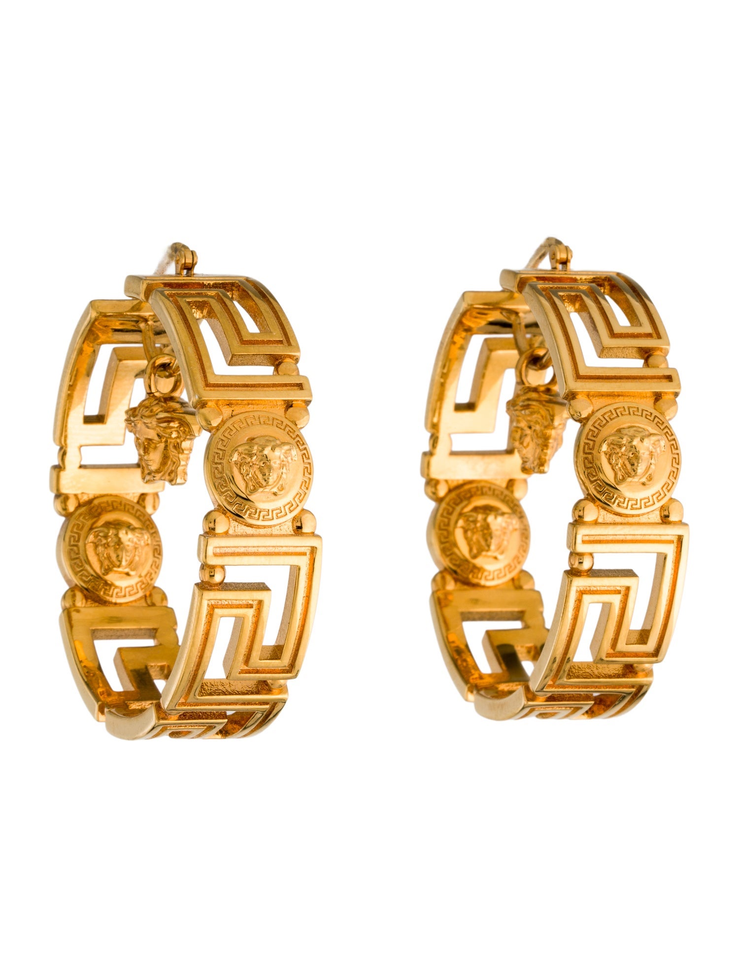 Versace Goldtone Greca & Medusa Head Hoop Earrings