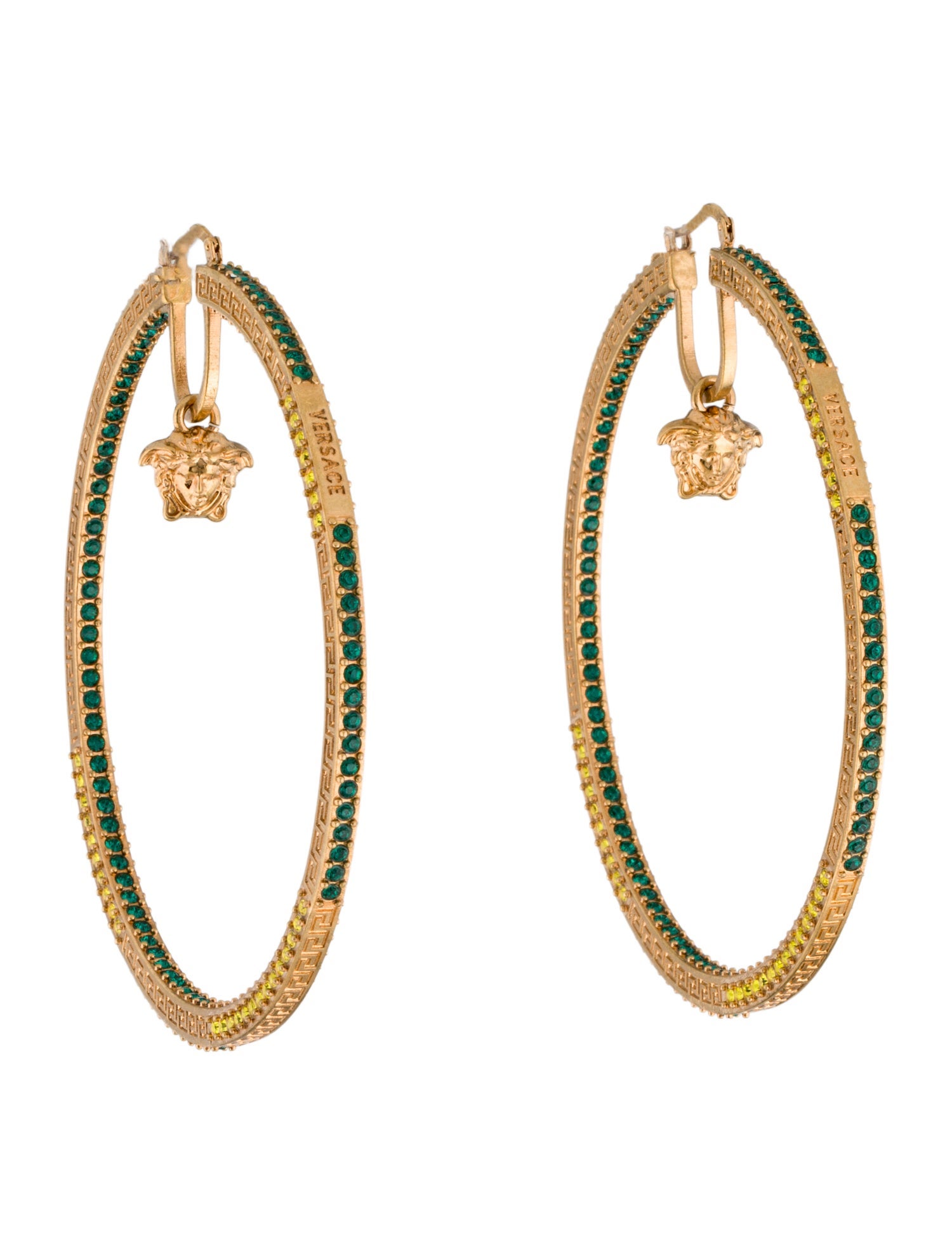 Versace Crystal Medusa Drop Hoop Earrings
