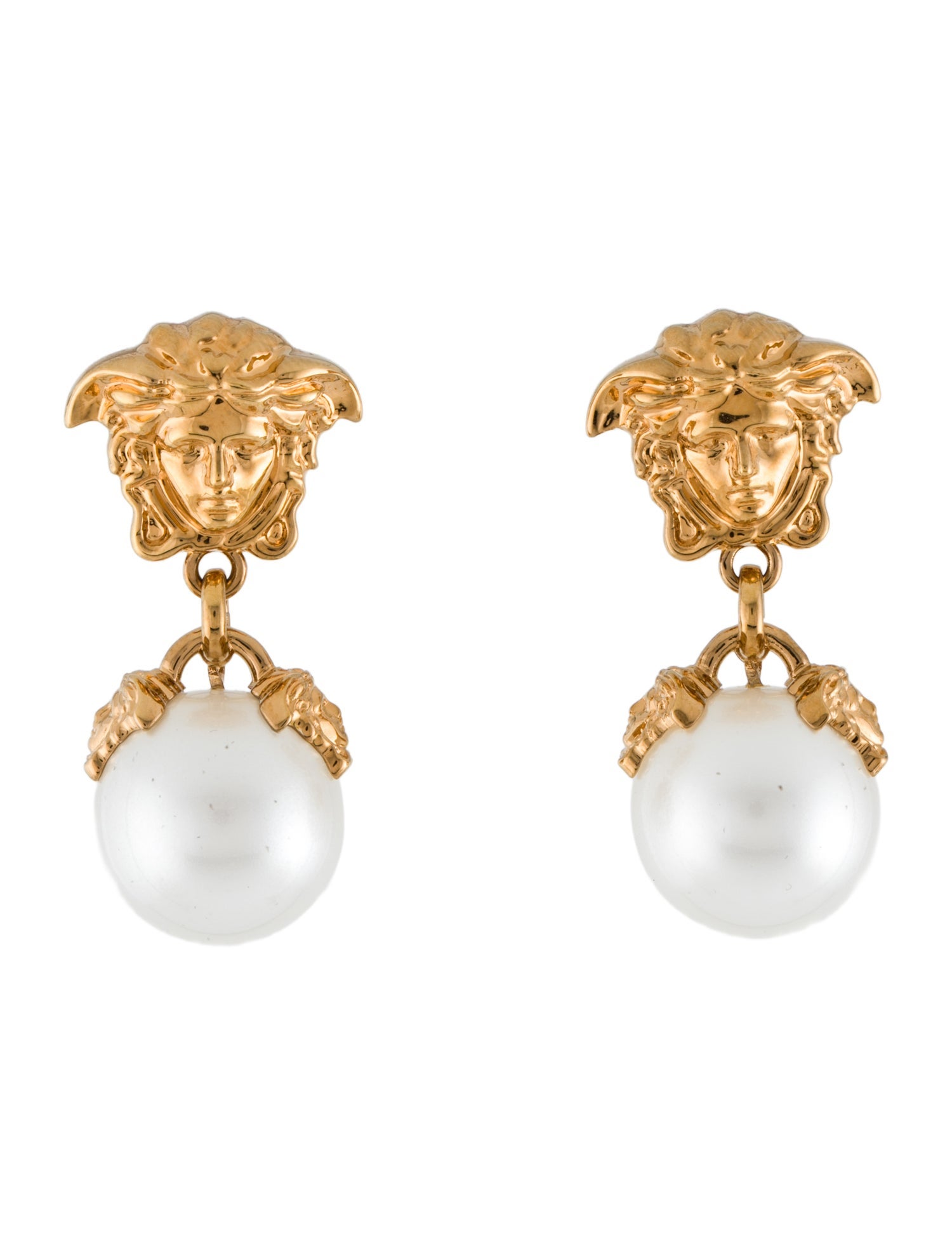 Versace Faux Pearl Medusa Drop Earrings