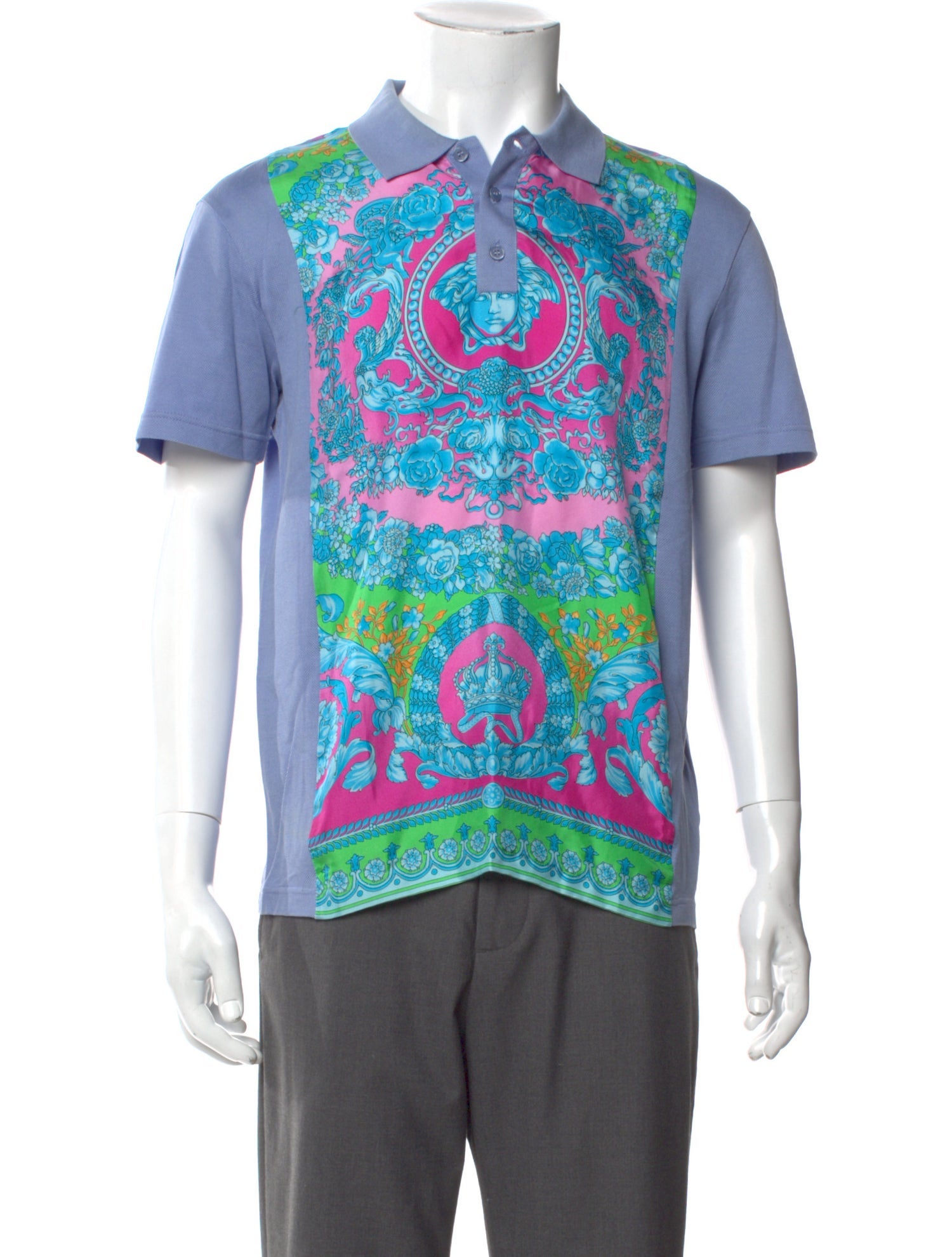 Versace Floral Print V-Neck Polo Shirt