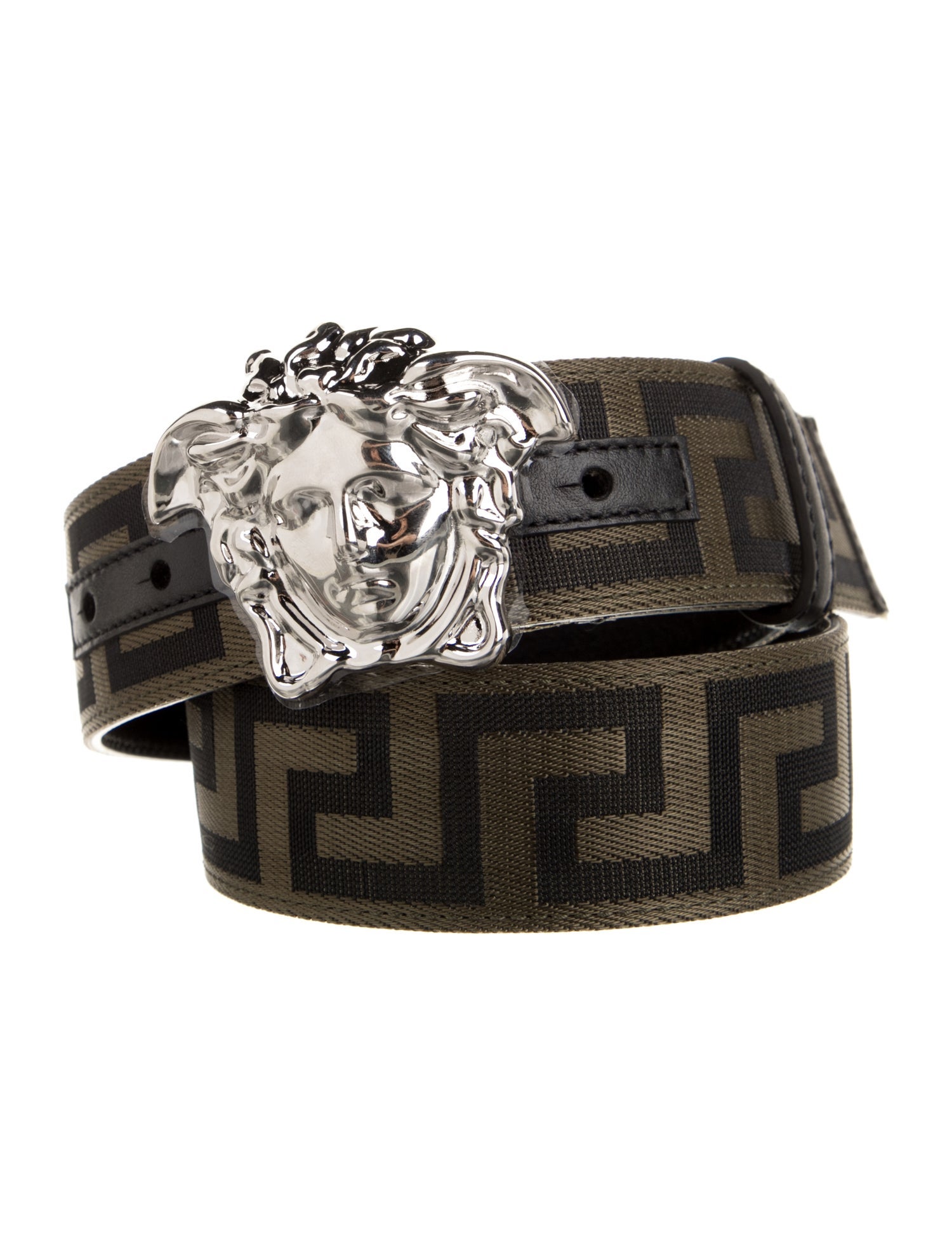Versace Canvas Leather Trim Embellishment Belt