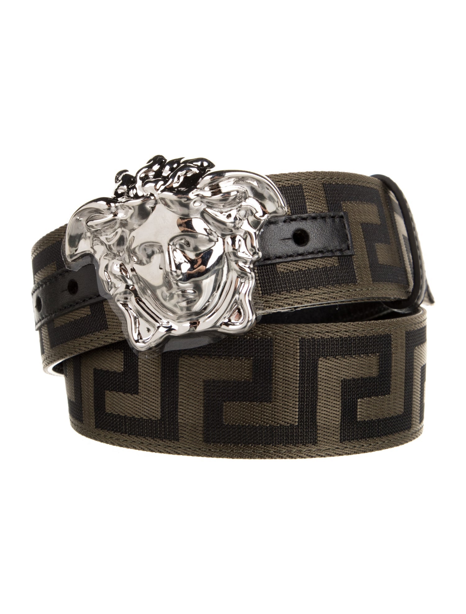 Versace Canvas Leather Trim Embellishment Belt