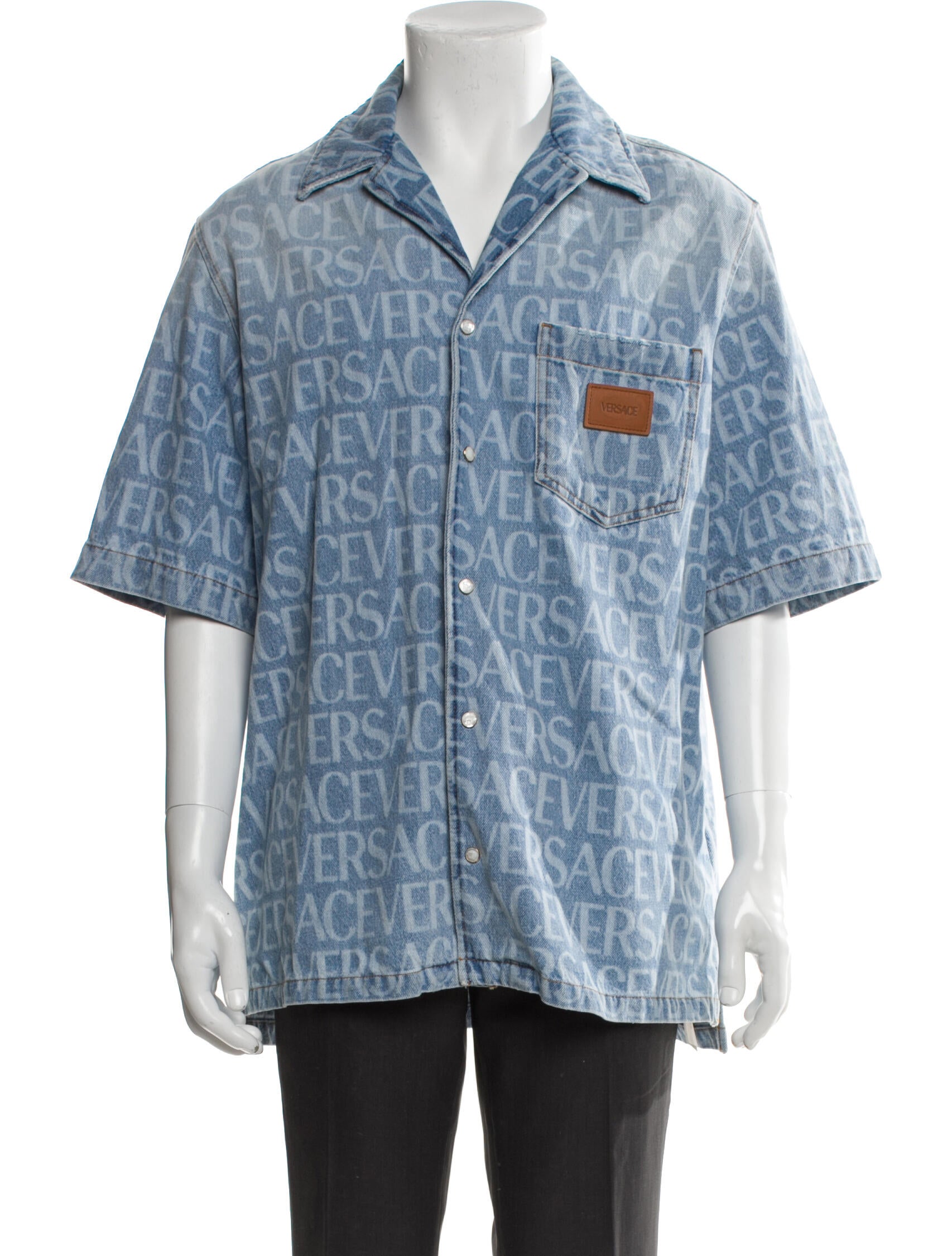 Versace Printed Short Sleeve Denim Shirt