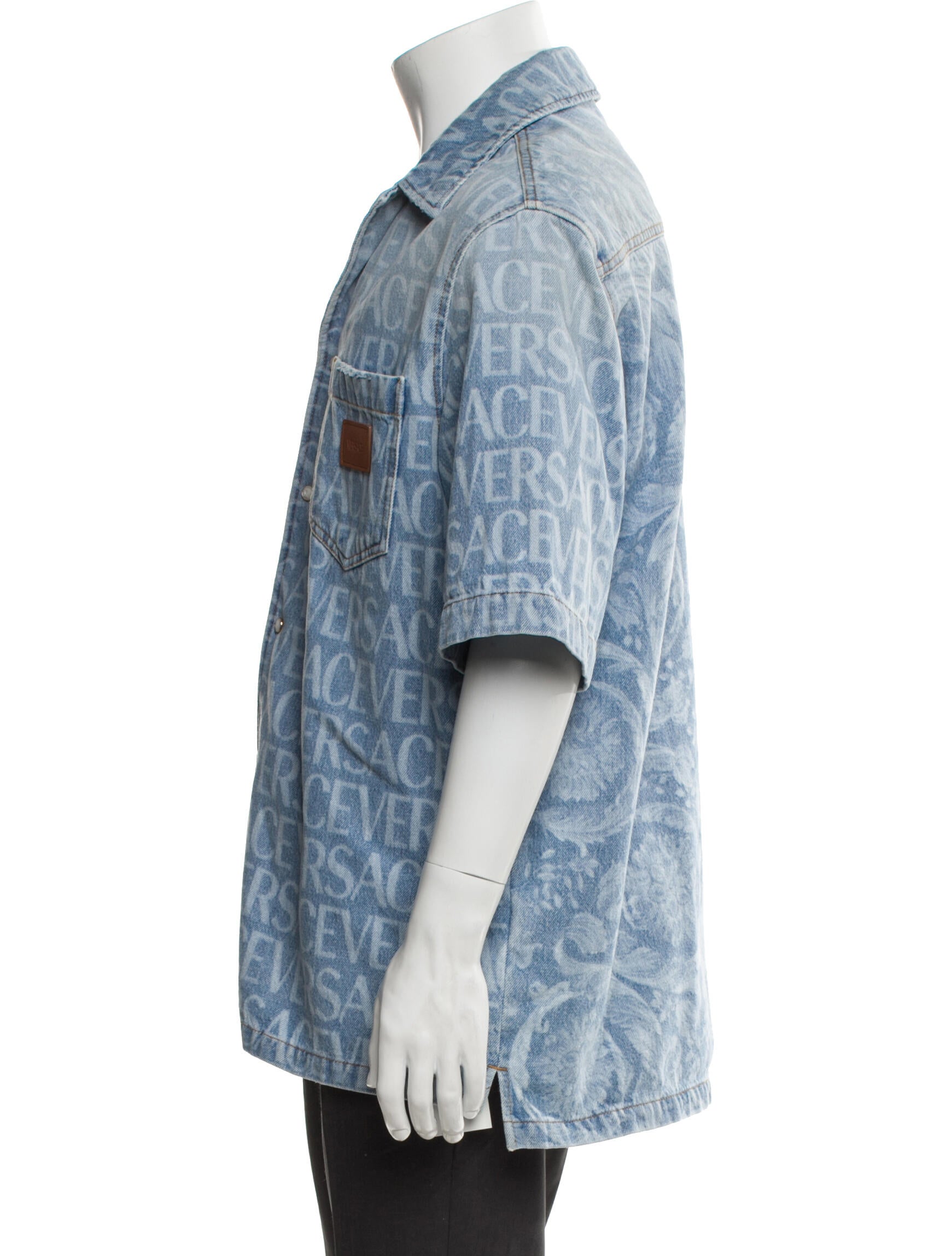 Versace Printed Short Sleeve Denim Shirt