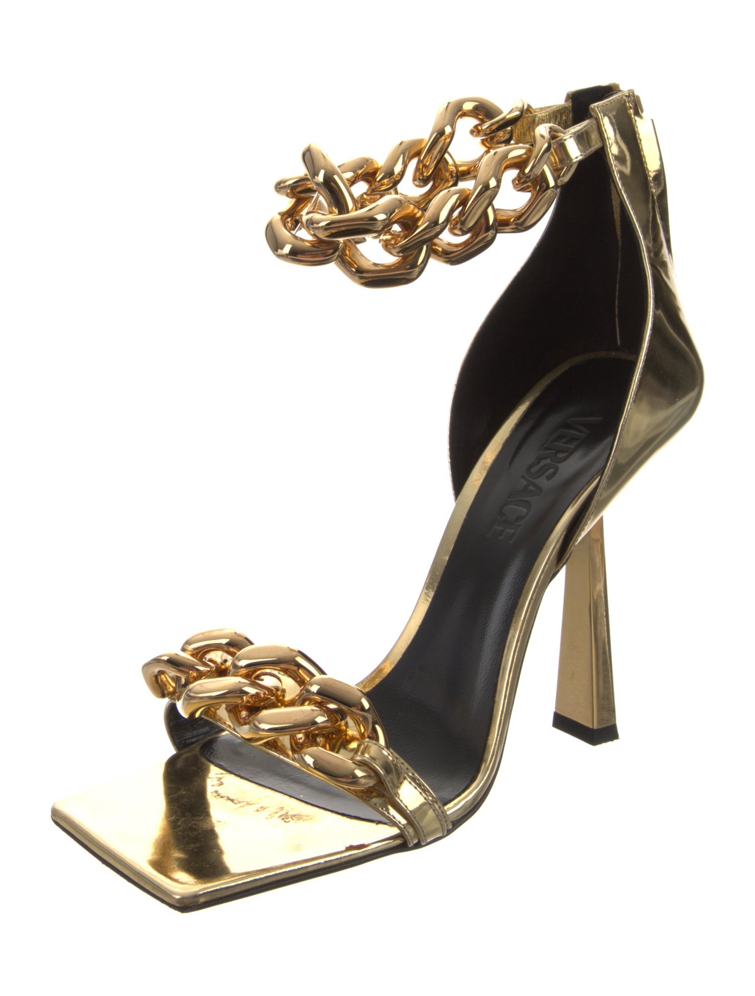 Versace Patent Leather Chain-Link Accents Sandals