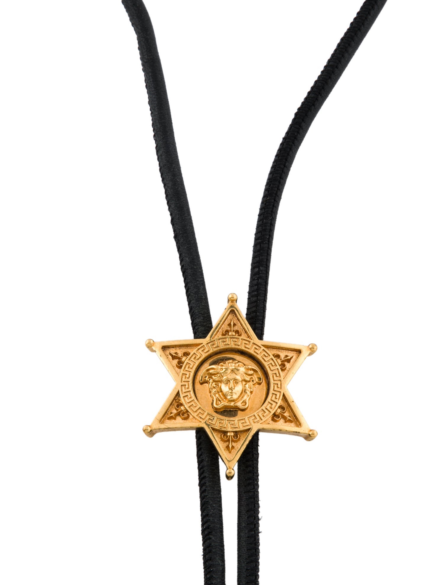 Versace Leather Medusa Head Sheriff Badge Bolo Necklace