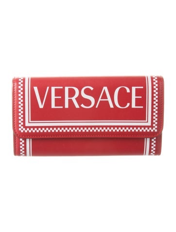 Pre-owned Versace Leather Graphic Print Compact Wallet In Red