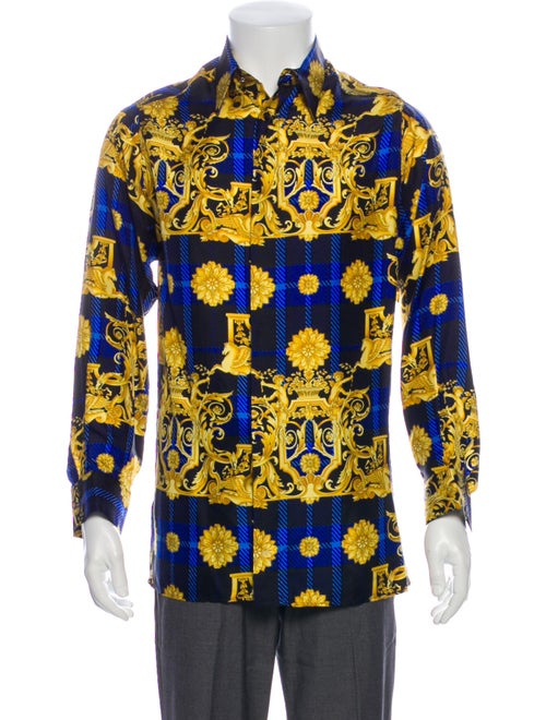 Versace Brocade Print Silk Shirt Blue