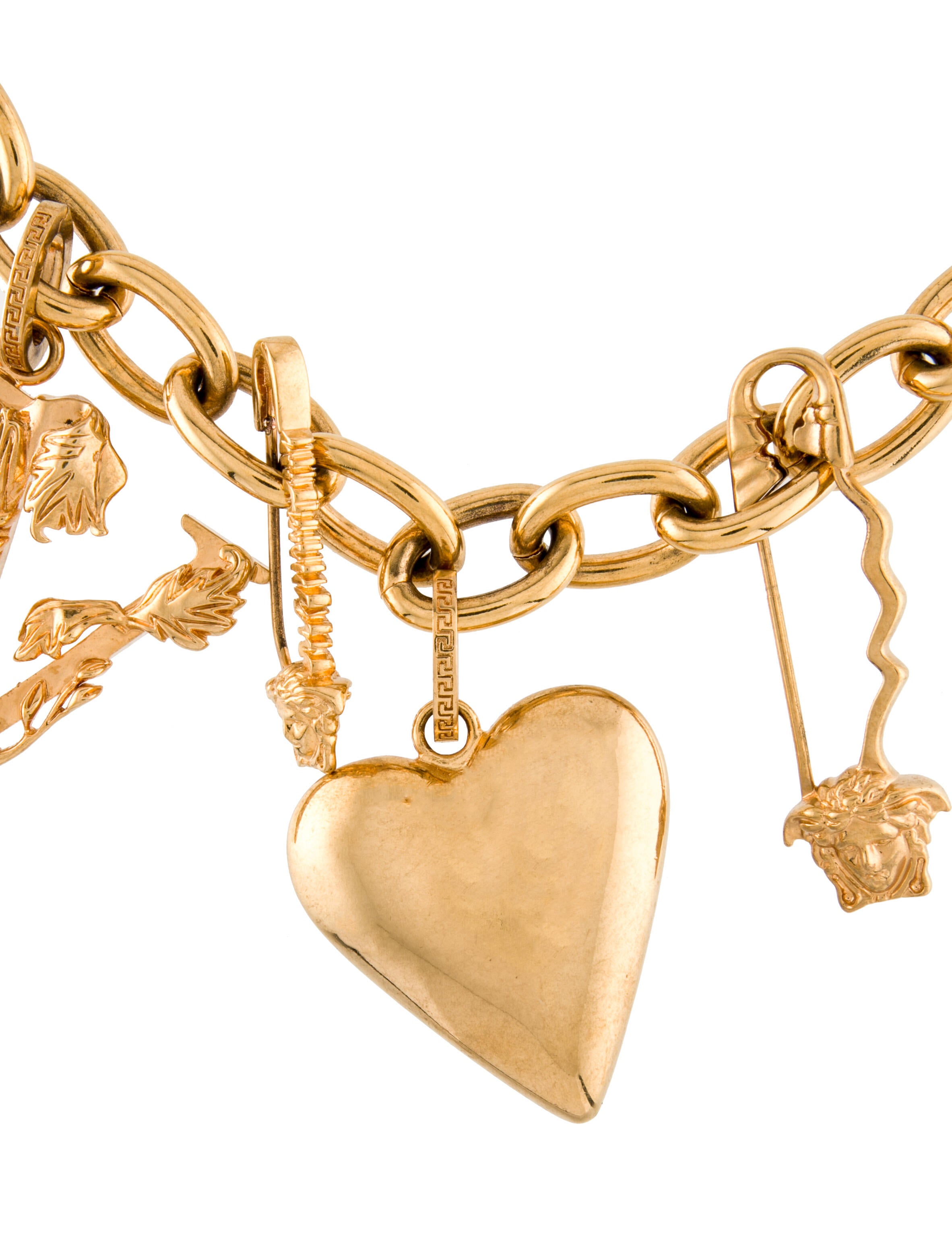 Versace Gold Runway Medusa Safety Pin Heart V Logo Charm Chain Necklace