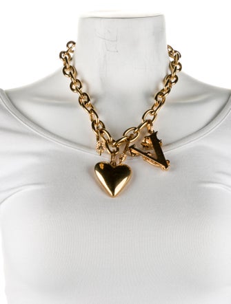 Versace Gold Runway Medusa Safety Pin Heart V Logo Charm Chain Necklace
