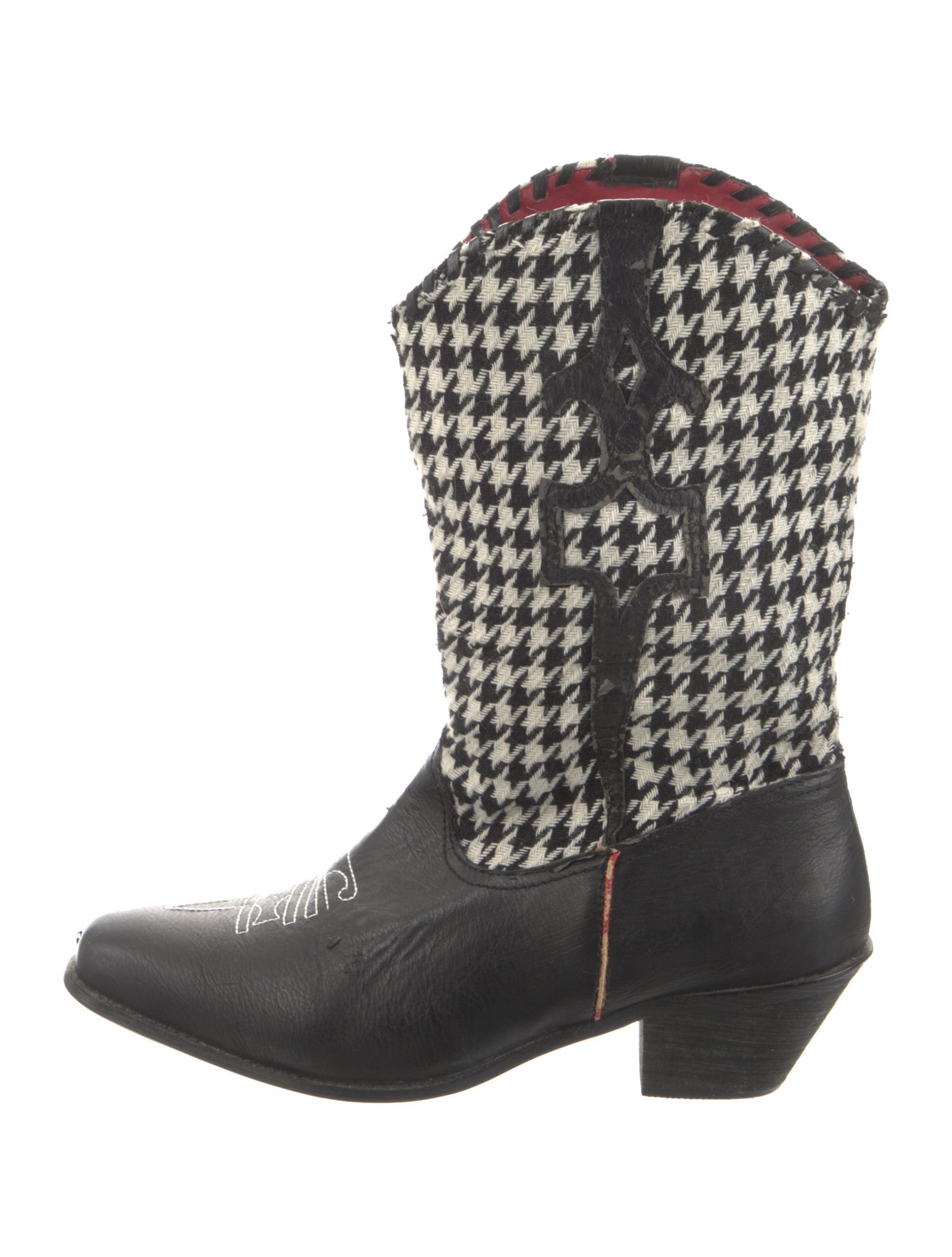 Via Veneto Leather Houndstooth Print Western Boots