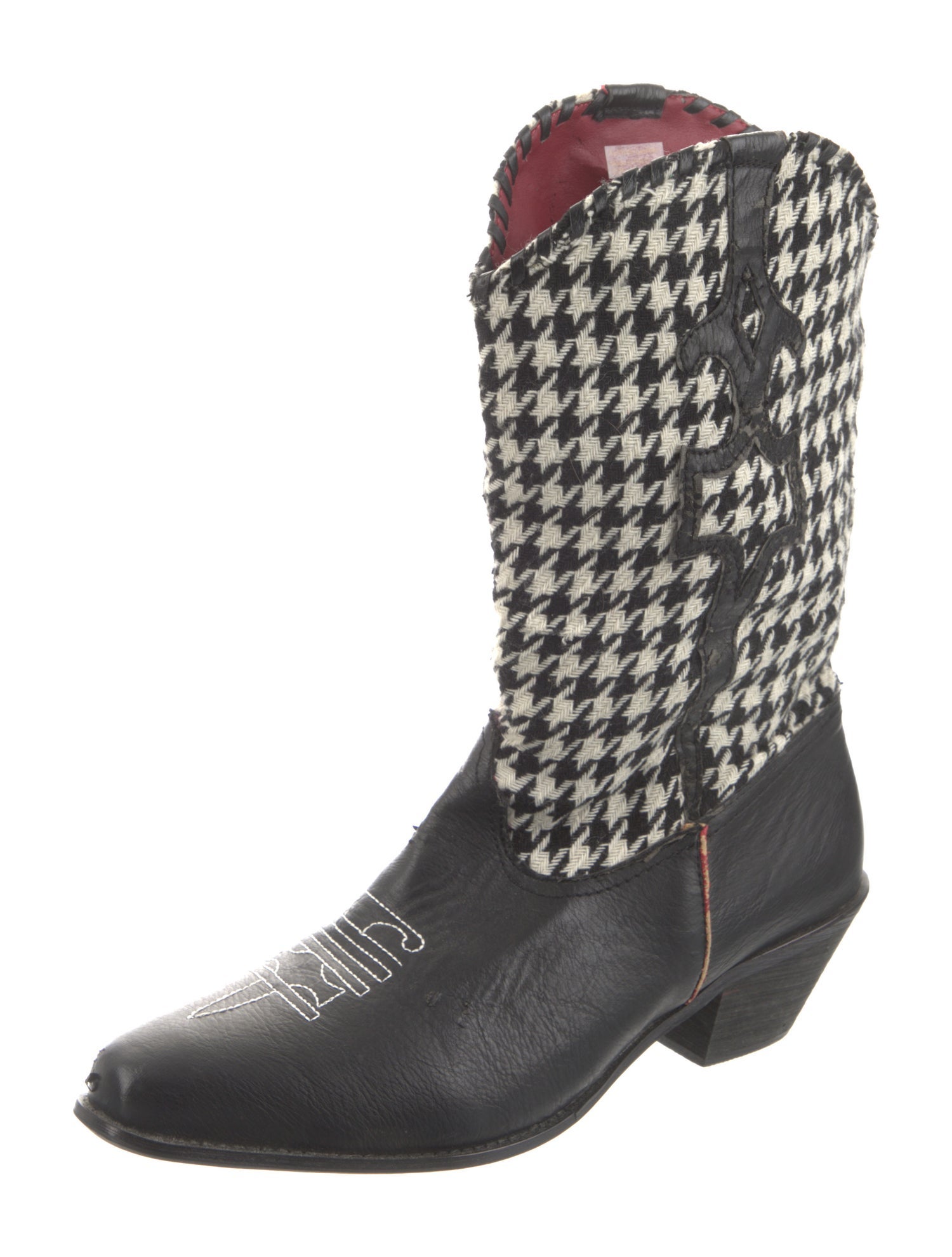 Via Veneto Leather Houndstooth Print Western Boots