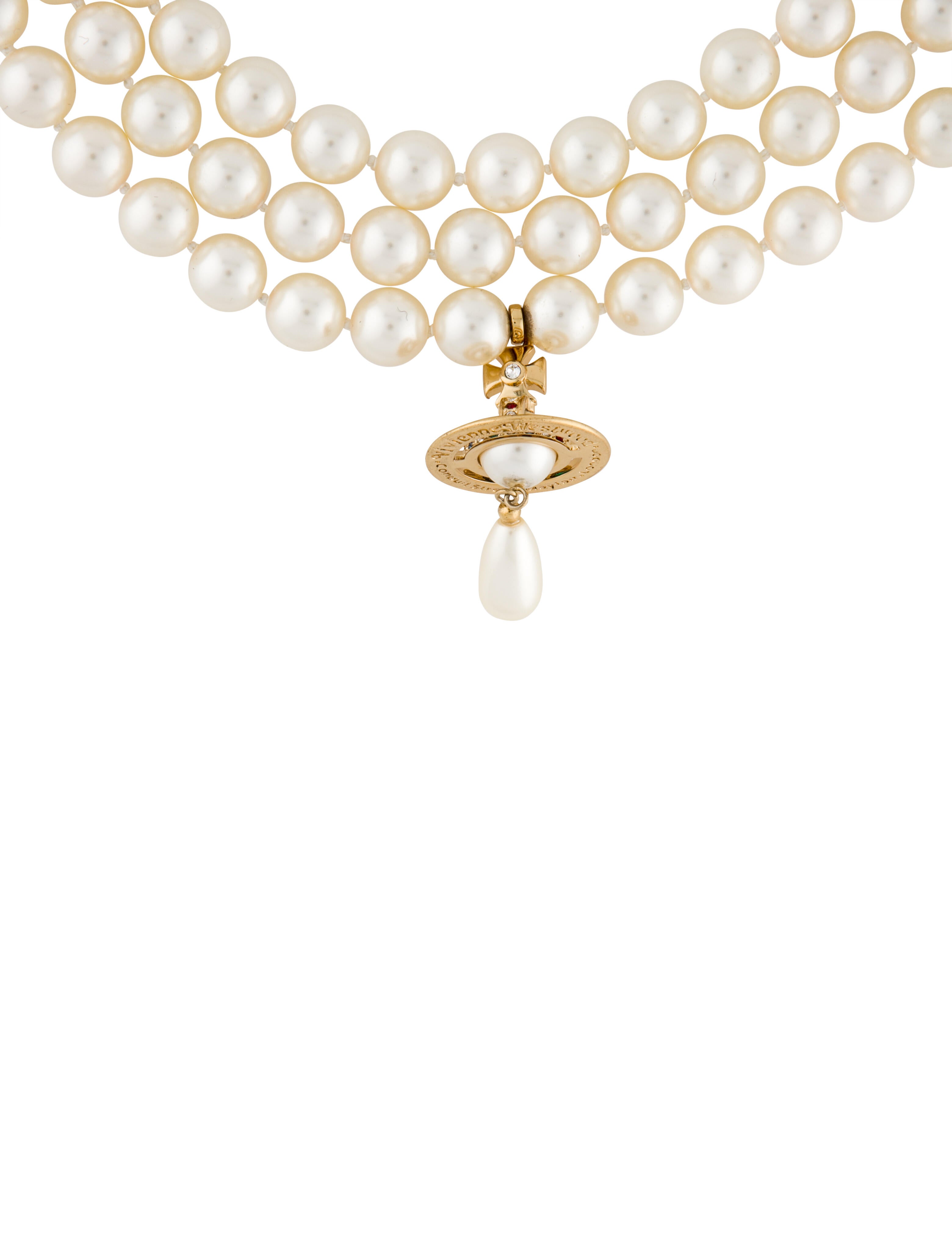 Vivienne Westwood Three Row Pearl Drop Choker GoldTone Metal Bead