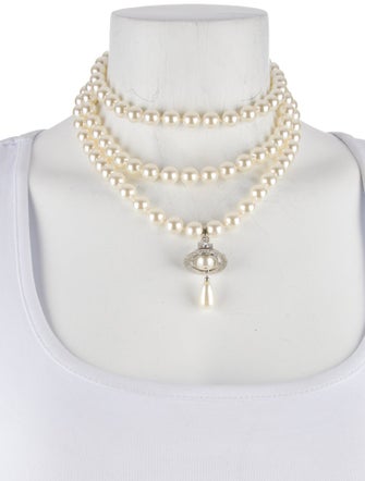 Vivienne Westwood Faux Pearl Three Row Drop Choker Necklace