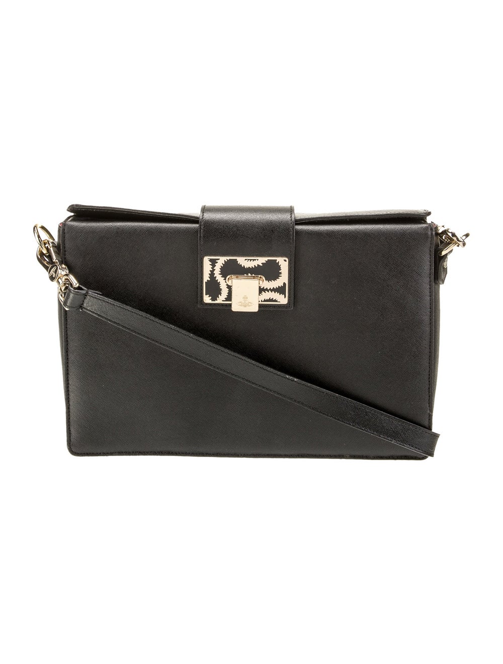 Vivienne Westwood Crossbody Bag Black Leather Gold-Tone Hardware Single Adjustable Shoulder Strap Jacquard Lining & Three Interior Pockets Flap & Clasp Closures at Front