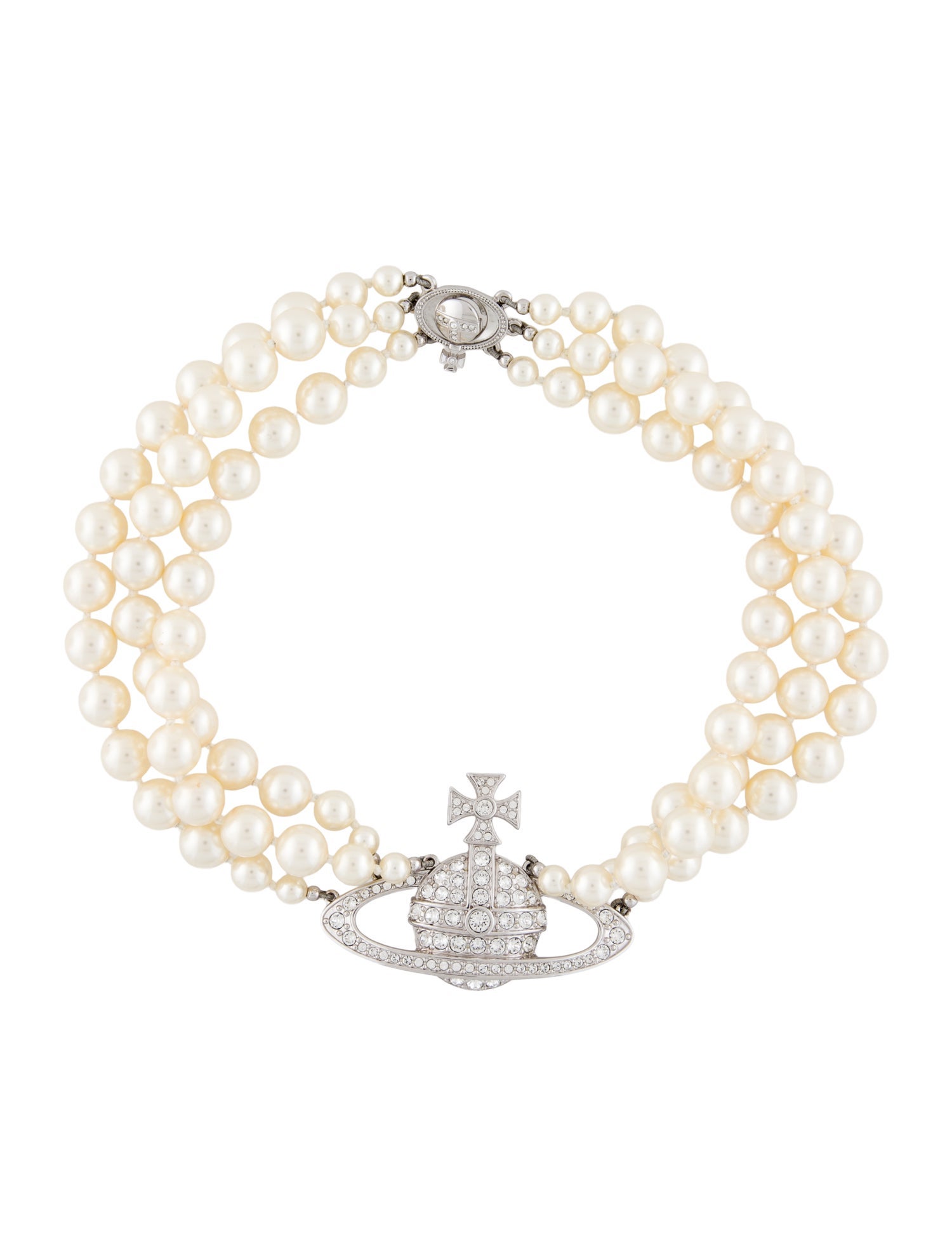 Vivienne Westwood Faux Pearl & Crystal Three Row Pearl Bas Relief Necklace