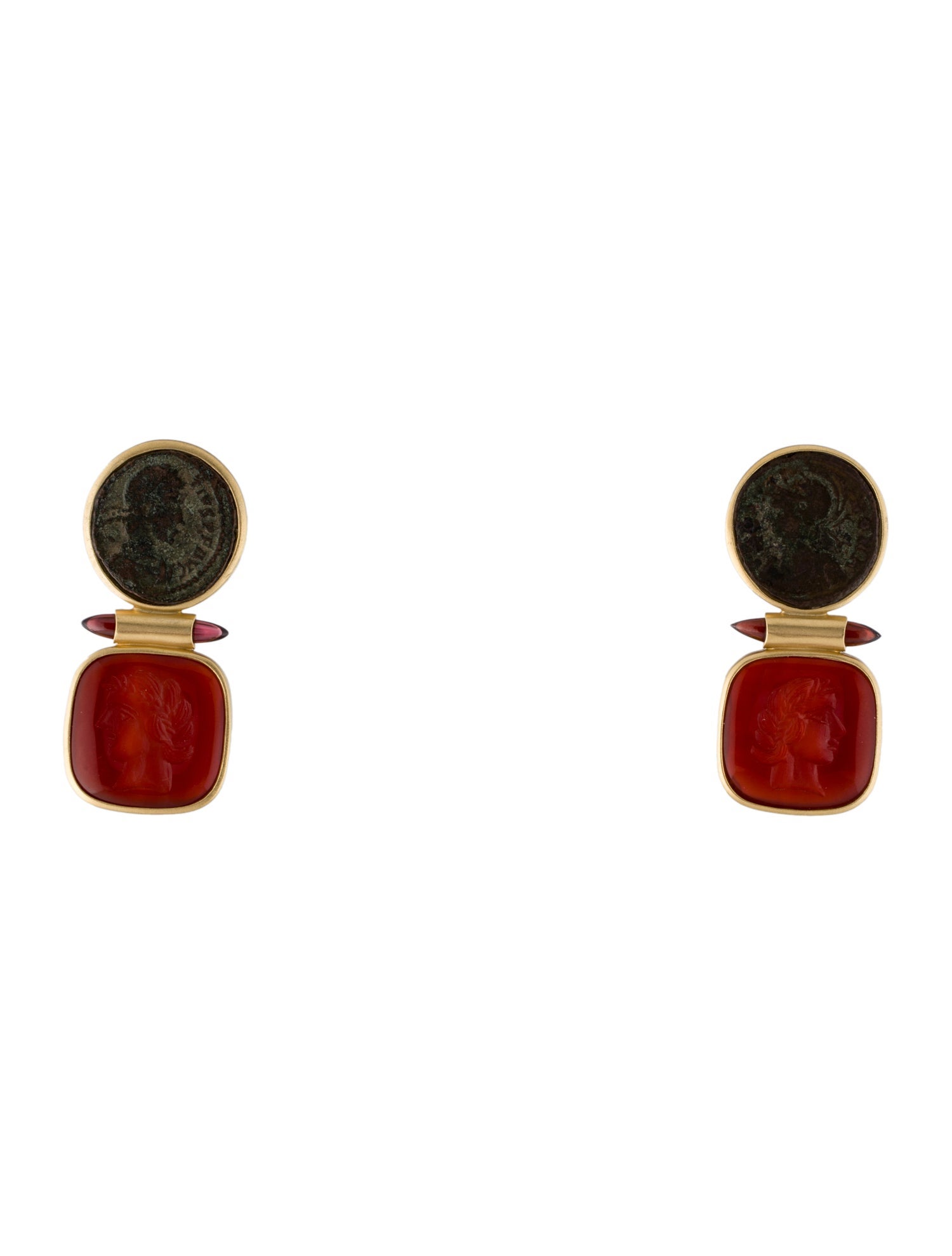 Barry Brinker 18K Carnelian & Garnet Coin Intaglio Earclips