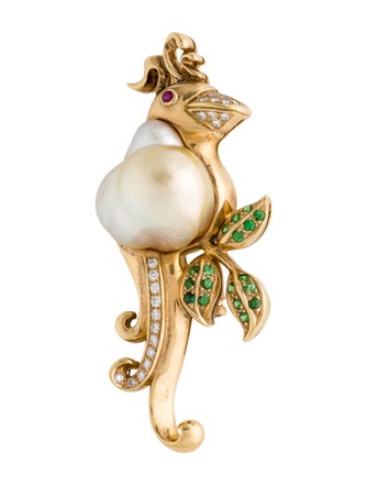 Barry Brinker 18K Pearl & Multi-Stone Bird Brooch