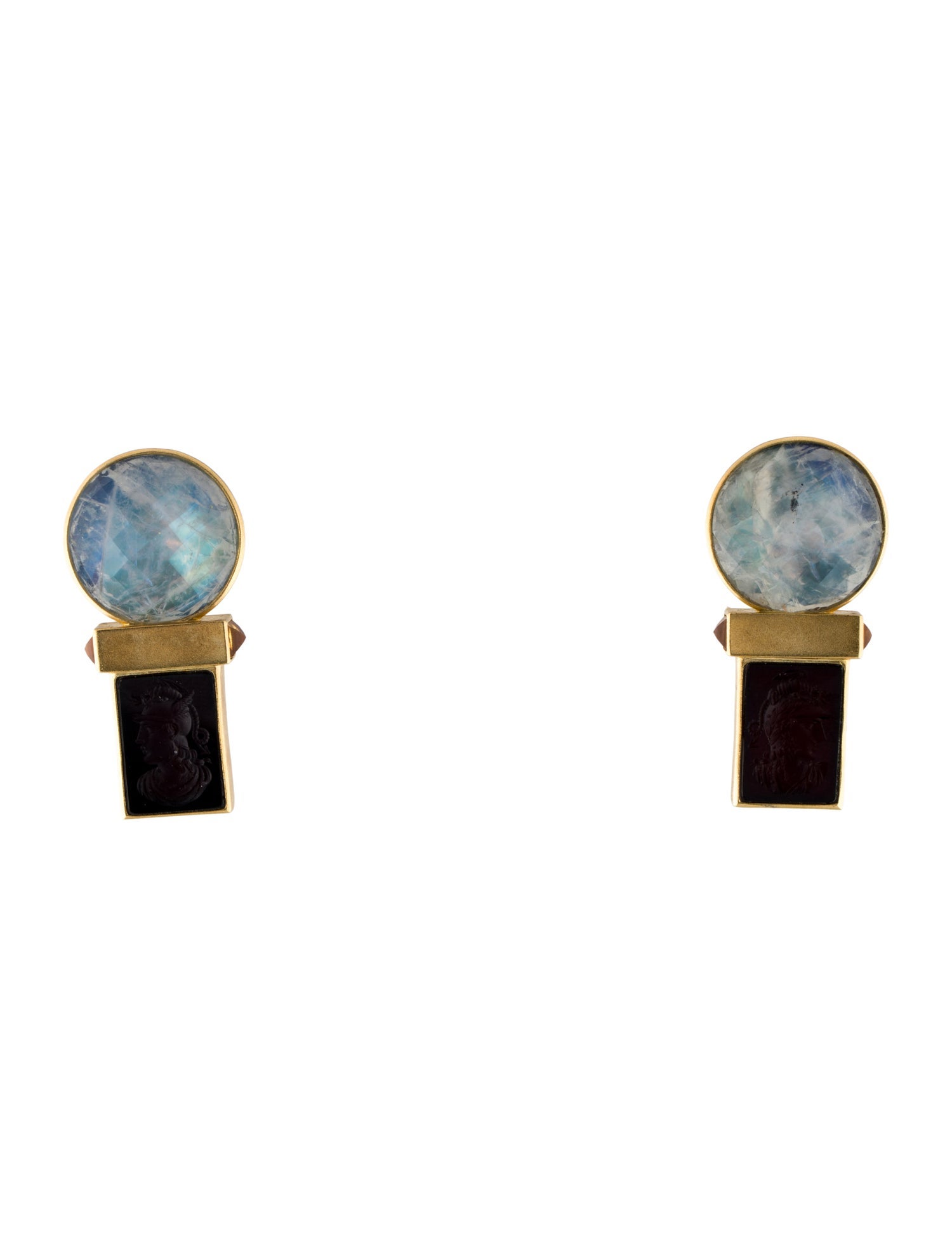Barry Brinker 18K Moonstone Labradorite, Citrine and Onyx Intaglio Earclips