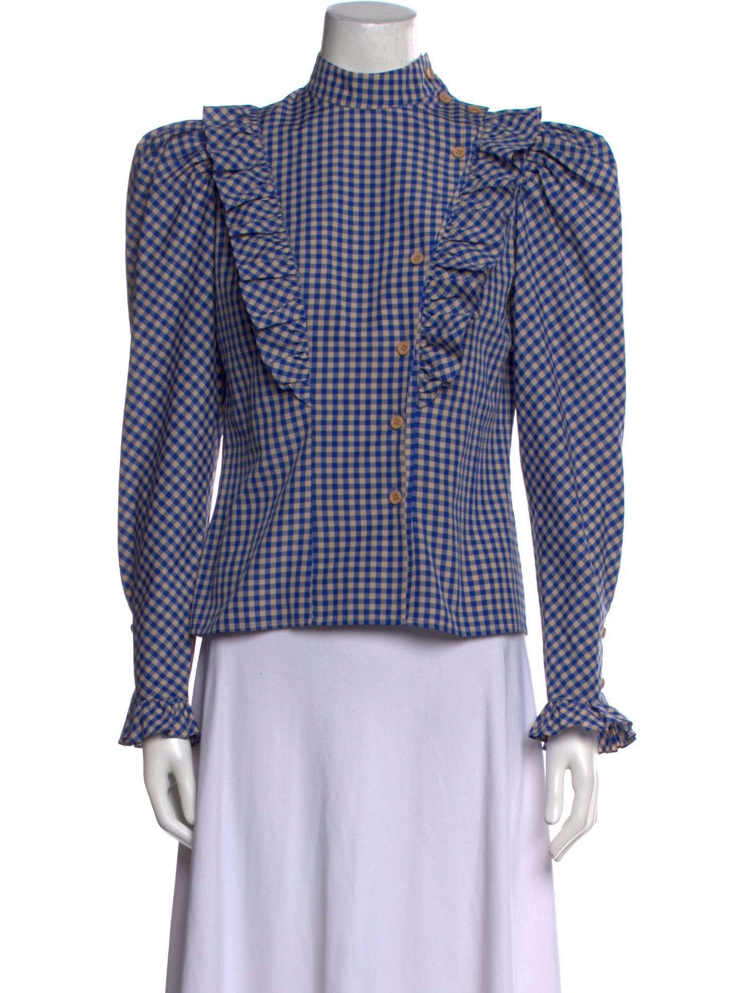 Vika Gazinskaya Plaid Print Mock Neck Button-Up Top