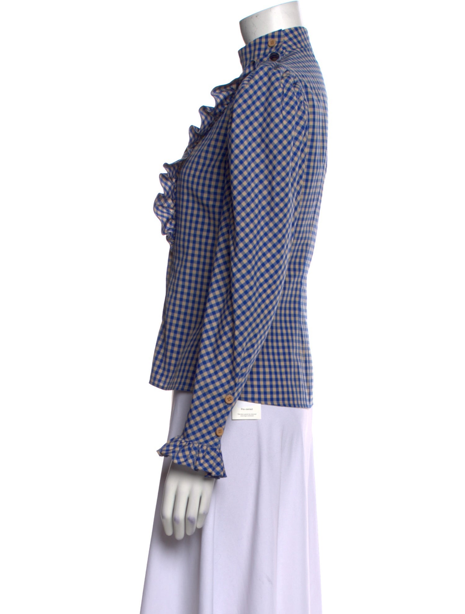 Vika Gazinskaya Plaid Print Mock Neck Button-Up Top