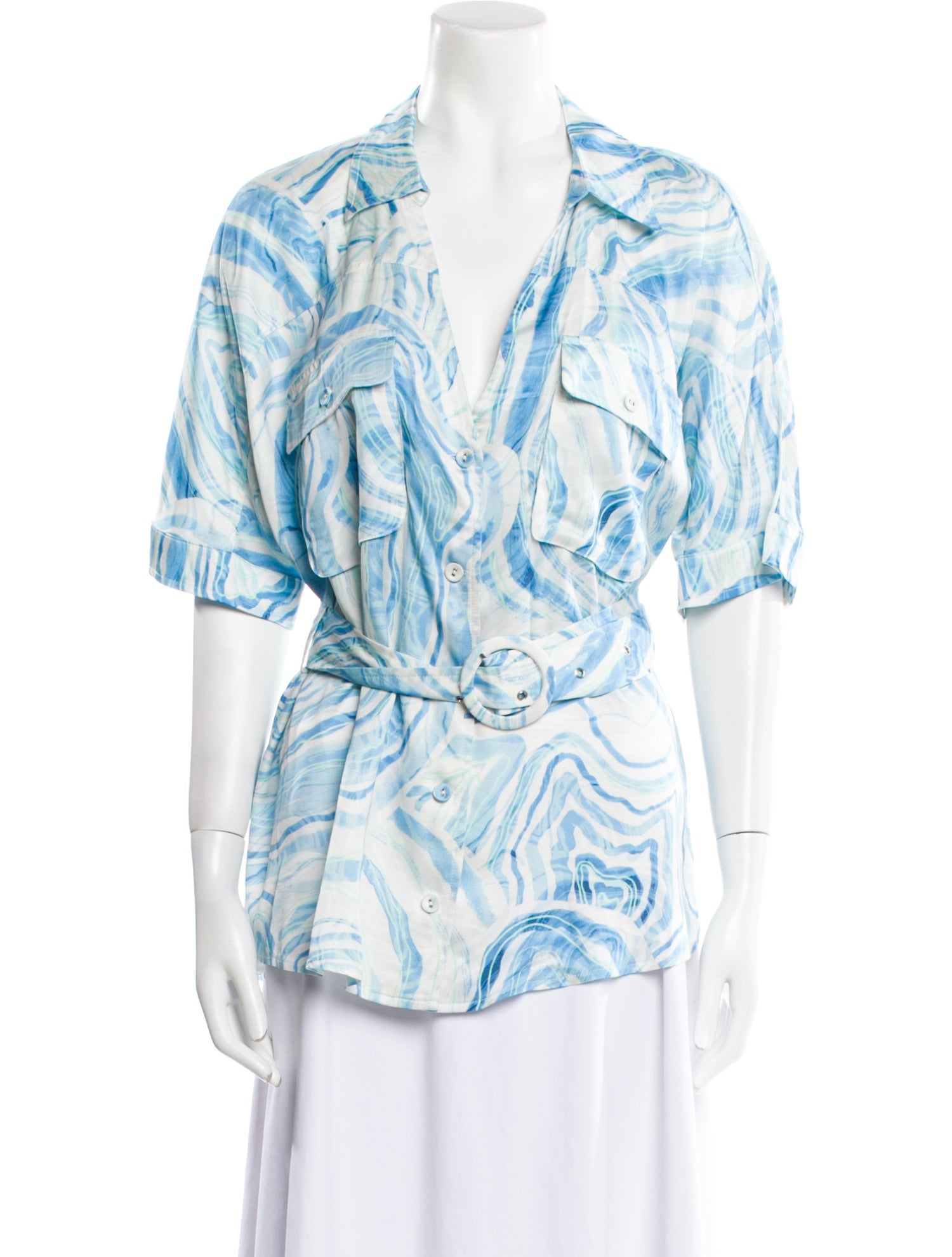 Suboo Printed Plunge Neckline Button-Up Top